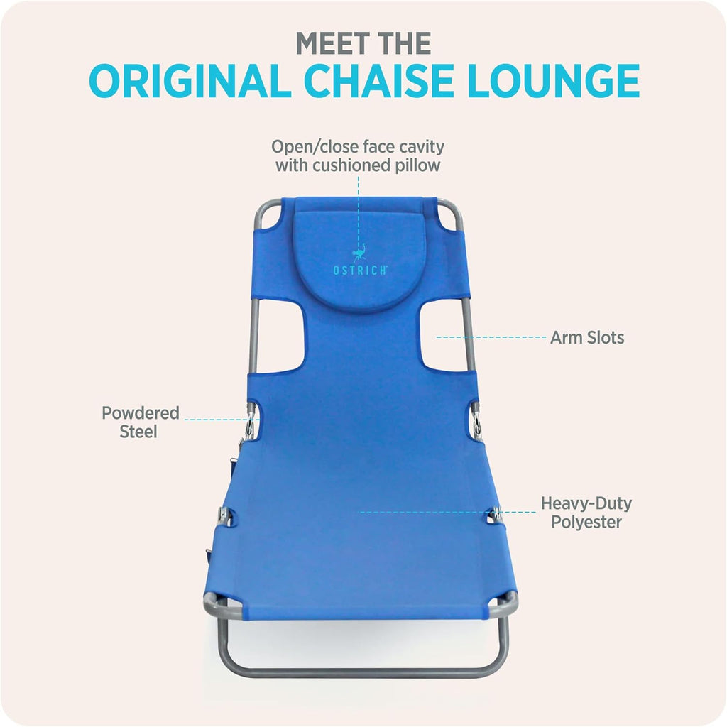 Ostrich the Original Chaise 72 x 22 Inch Lounge Portable Reclining Lounger, Outdoor Patio, Beach, Lawn, Camping, or Pool Tanning Chair, Ocean Blue