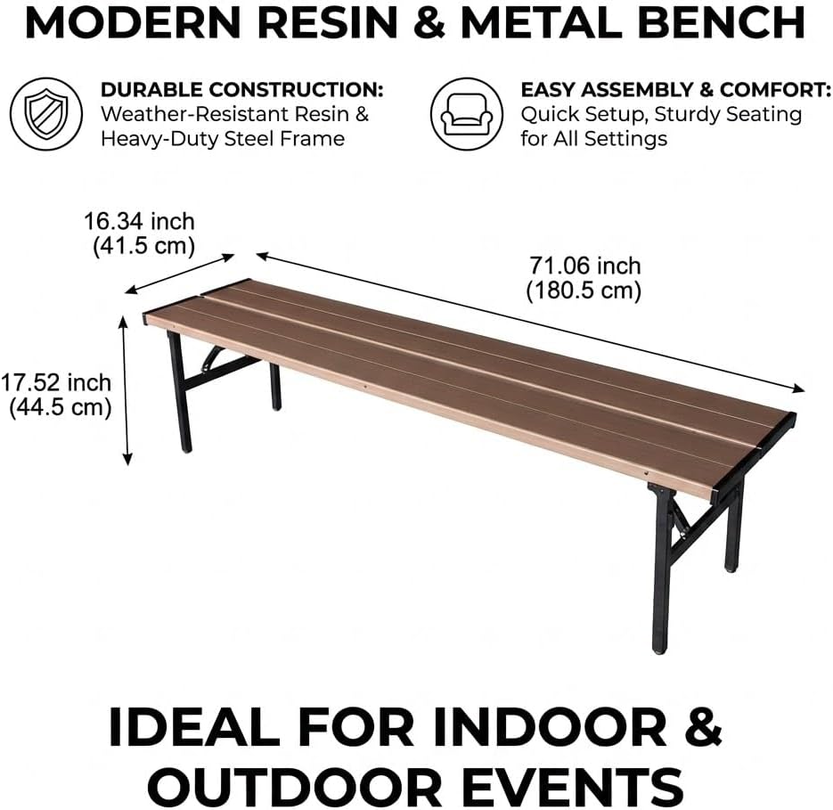 Collapsible Portable Picnic Table Benches, Folding Benches Seat for Outside Seating, Soccer, Sports Team Bench, Beach, Sideline, Camping, Foldable Bench Iron Tubes, Brown-71.06"