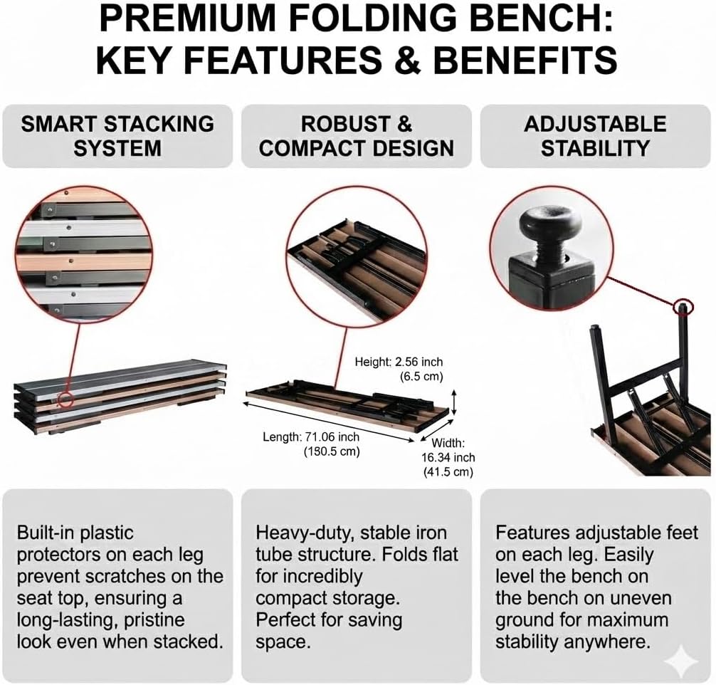 Collapsible Portable Picnic Table Benches, Folding Benches Seat for Outside Seating, Soccer, Sports Team Bench, Beach, Sideline, Camping, Foldable Bench Iron Tubes, Brown-71.06"
