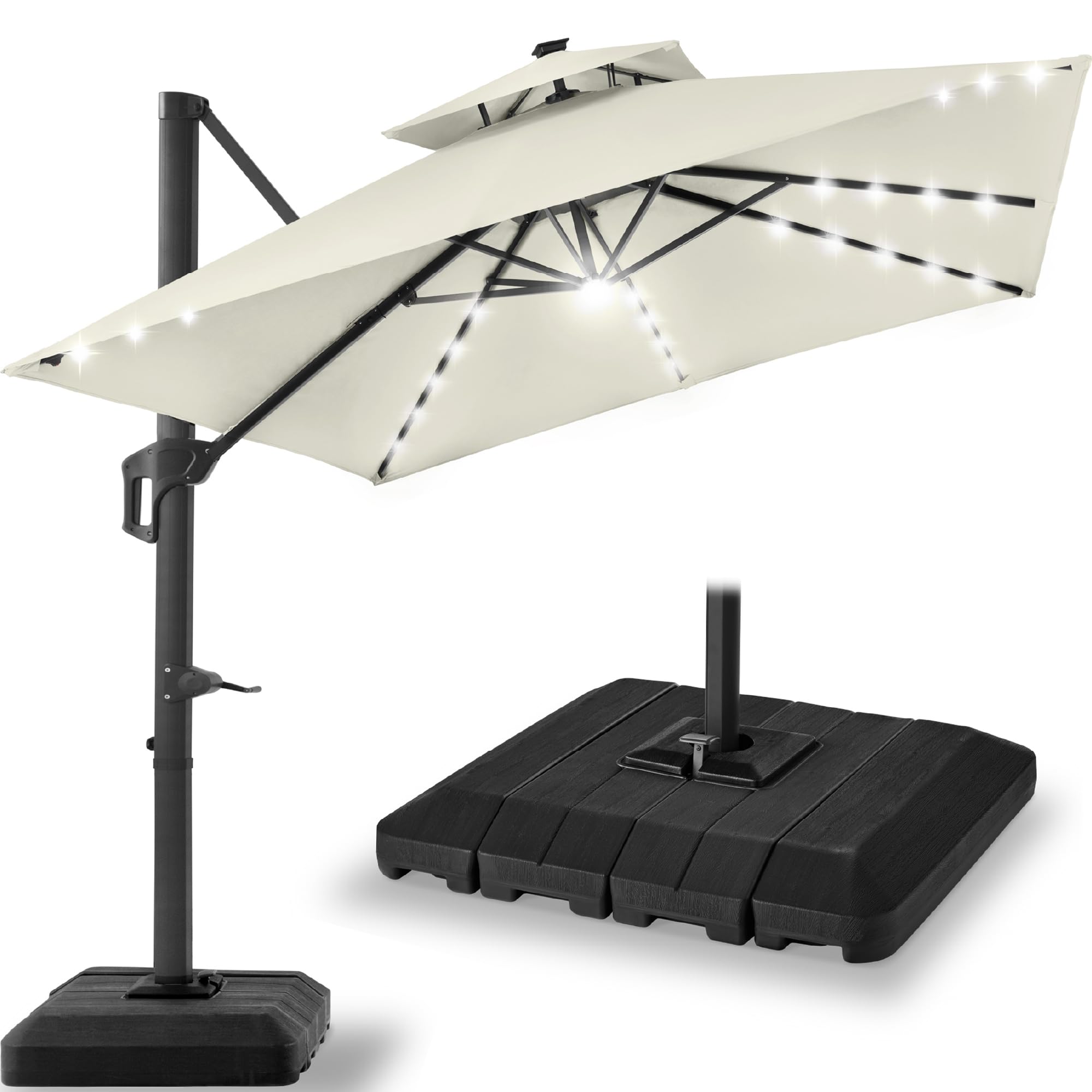 Best Choice Products 10x10ft Cantilever Patio Umbrella w/Base Included, Solar LED Lights 360 Rotation Large Offset Hanging Outdoor Shade for Deck Pool Backyard w/Stand – Tan