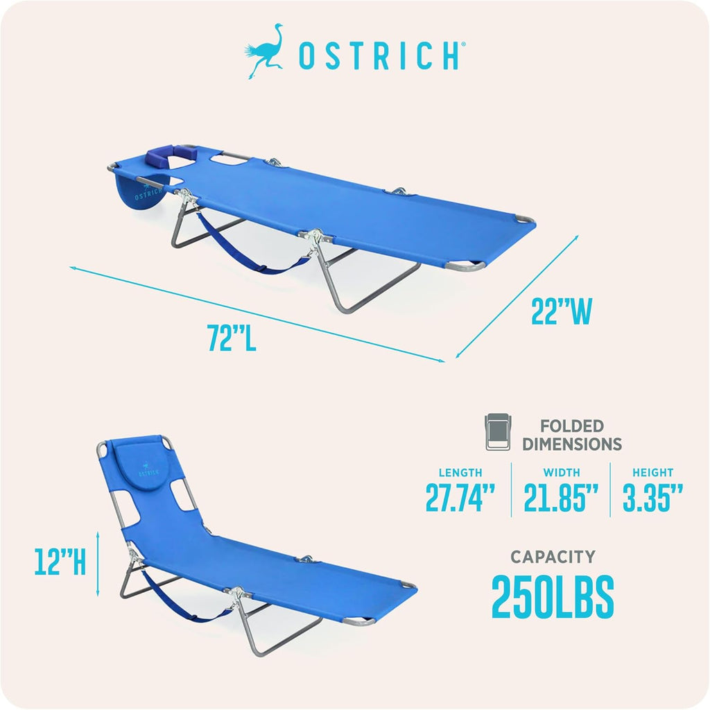 Ostrich the Original Chaise 72 x 22 Inch Lounge Portable Reclining Lounger, Outdoor Patio, Beach, Lawn, Camping, or Pool Tanning Chair, Ocean Blue