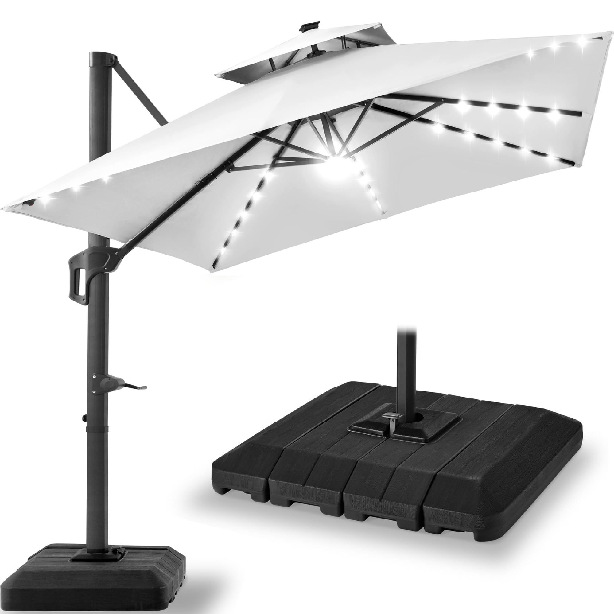 Best Choice Products 10x10ft Cantilever Patio Umbrella w/Base Included, Solar LED Lights 360 Rotation Large Offset Hanging Outdoor Shade for Deck Pool Backyard w/Stand – Tan