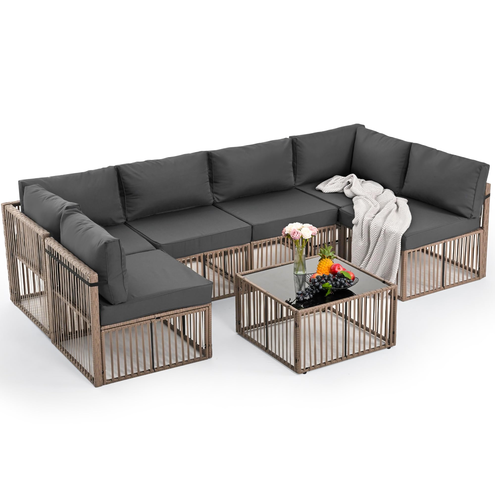 Pamapic 7-Piece Outdoor Sectional Furniture Set, All-Weather Wicker Patio Sofa with Washable Cushions, Gray Waterproof Rattan Conversation Set for Backyard, Poolside, Garden (Gray Cushions)