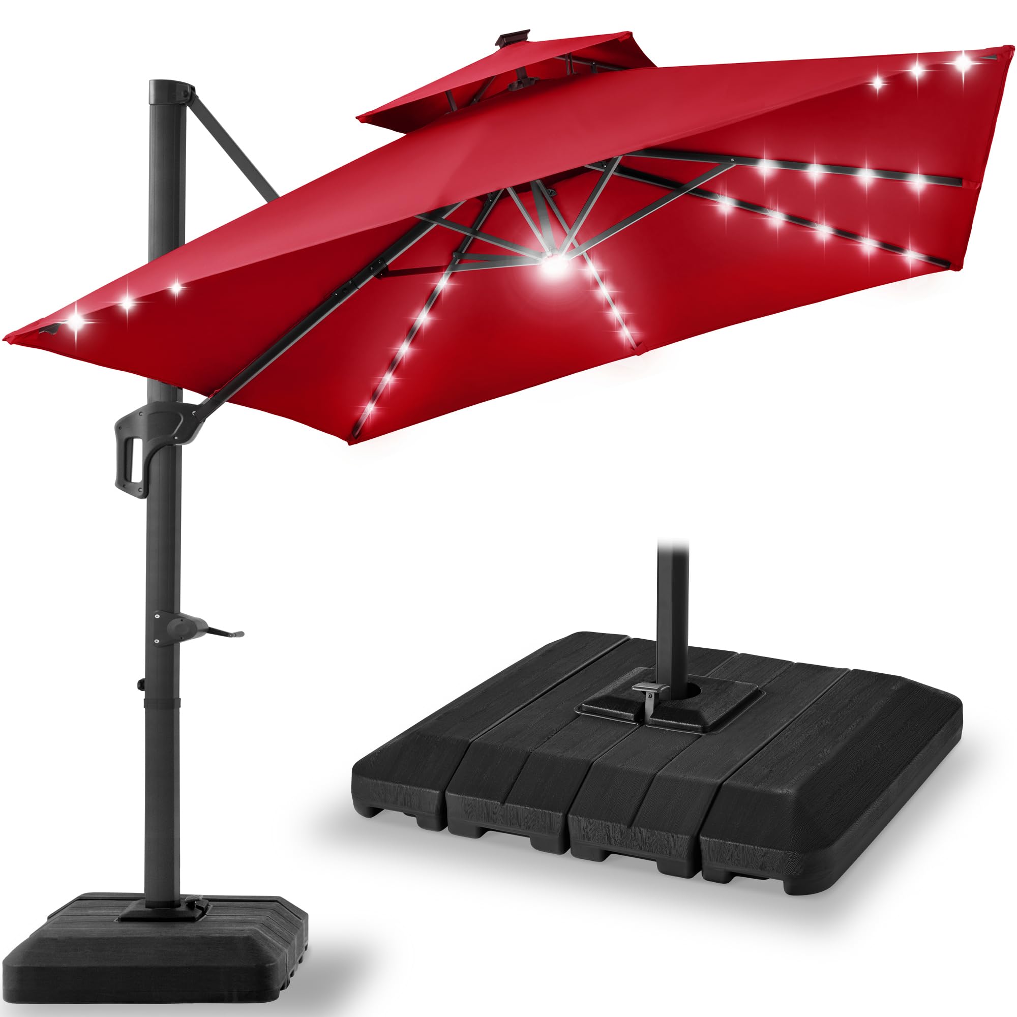 Best Choice Products 10x10ft Cantilever Patio Umbrella w/Base Included, Solar LED Lights 360 Rotation Large Offset Hanging Outdoor Shade for Deck Pool Backyard w/Stand – Tan