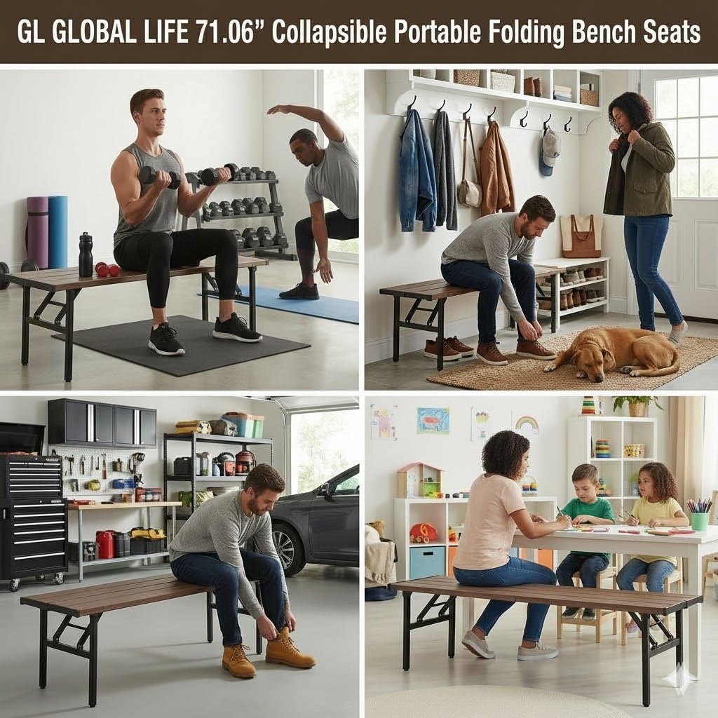 Collapsible Portable Picnic Table Benches, Folding Benches Seat for Outside Seating, Soccer, Sports Team Bench, Beach, Sideline, Camping, Foldable Bench Iron Tubes, Brown-71.06"