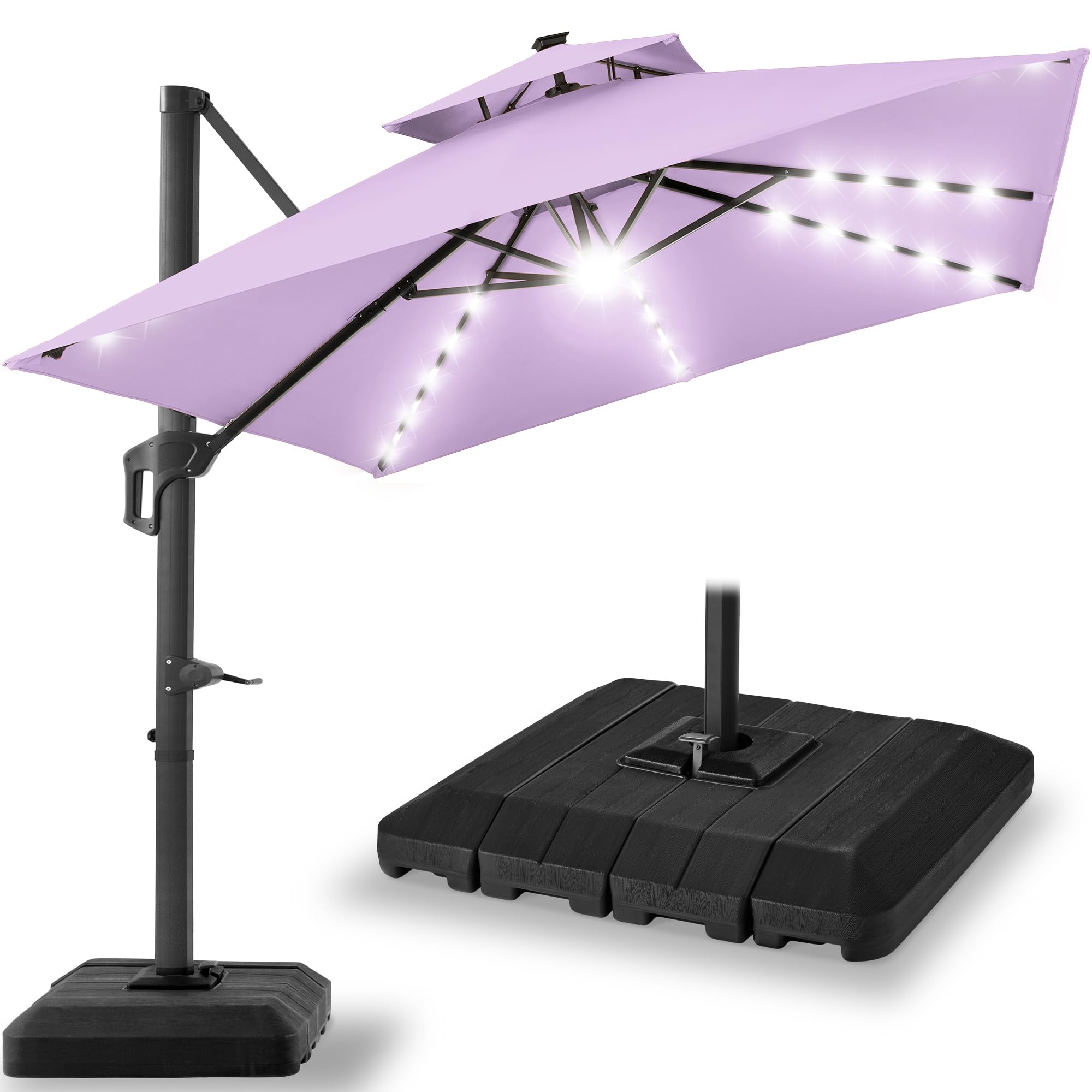 Best Choice Products 10x10ft Cantilever Patio Umbrella w/Base Included, Solar LED Lights 360 Rotation Large Offset Hanging Outdoor Shade for Deck Pool Backyard w/Stand – Tan