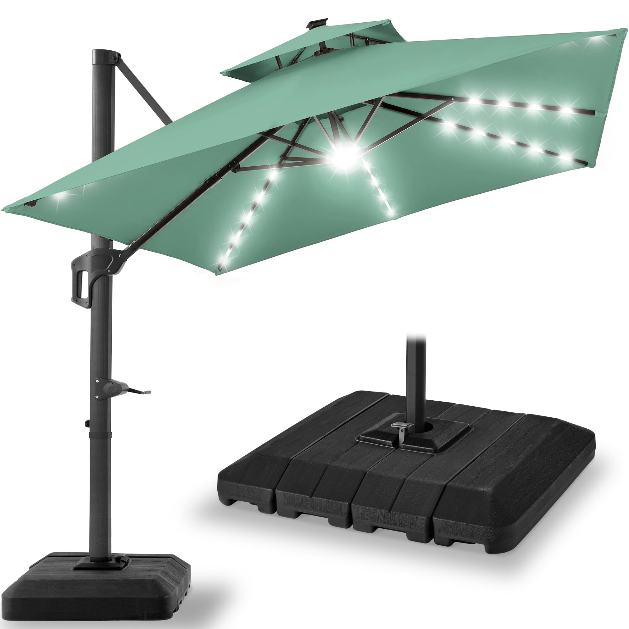 Best Choice Products 10x10ft Cantilever Patio Umbrella w/Base Included, Solar LED Lights 360 Rotation Large Offset Hanging Outdoor Shade for Deck Pool Backyard w/Stand – Tan