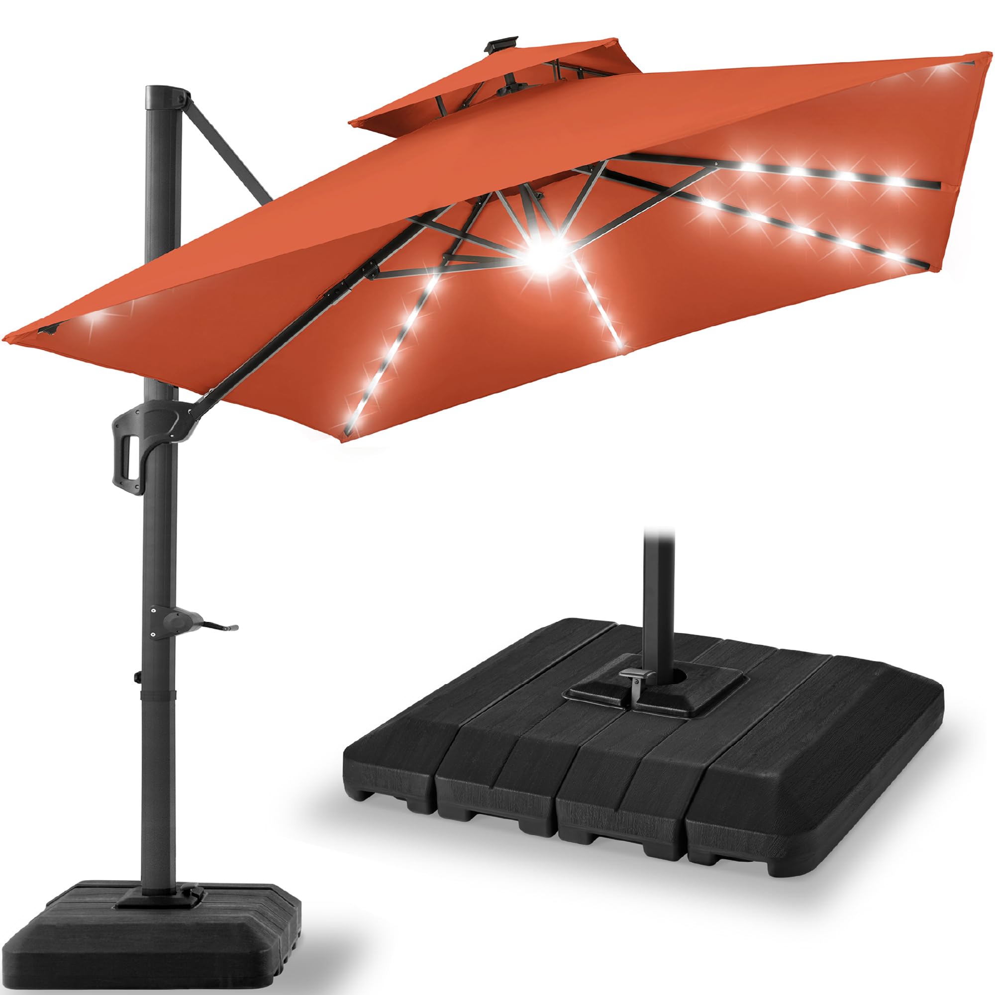 Best Choice Products 10x10ft Cantilever Patio Umbrella w/Base Included, Solar LED Lights 360 Rotation Large Offset Hanging Outdoor Shade for Deck Pool Backyard w/Stand – Tan