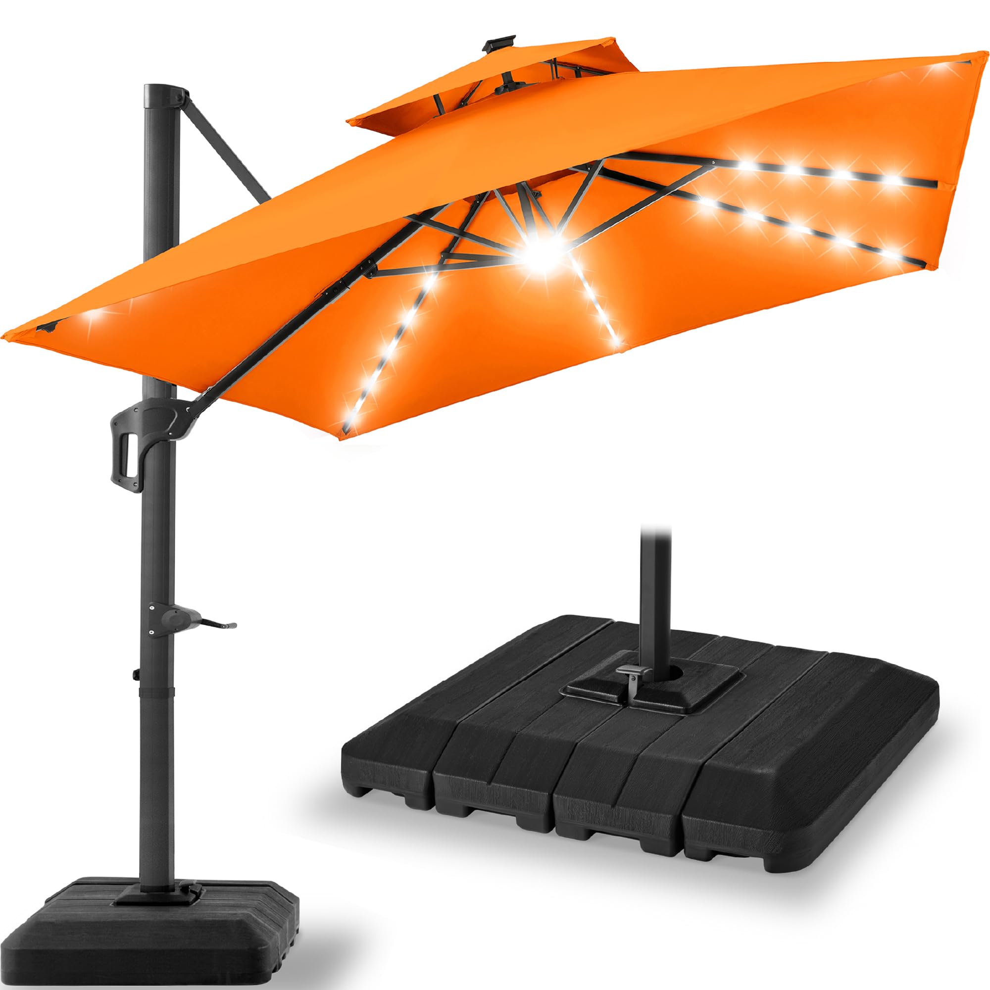 Best Choice Products 10x10ft Cantilever Patio Umbrella w/Base Included, Solar LED Lights 360 Rotation Large Offset Hanging Outdoor Shade for Deck Pool Backyard w/Stand – Tan