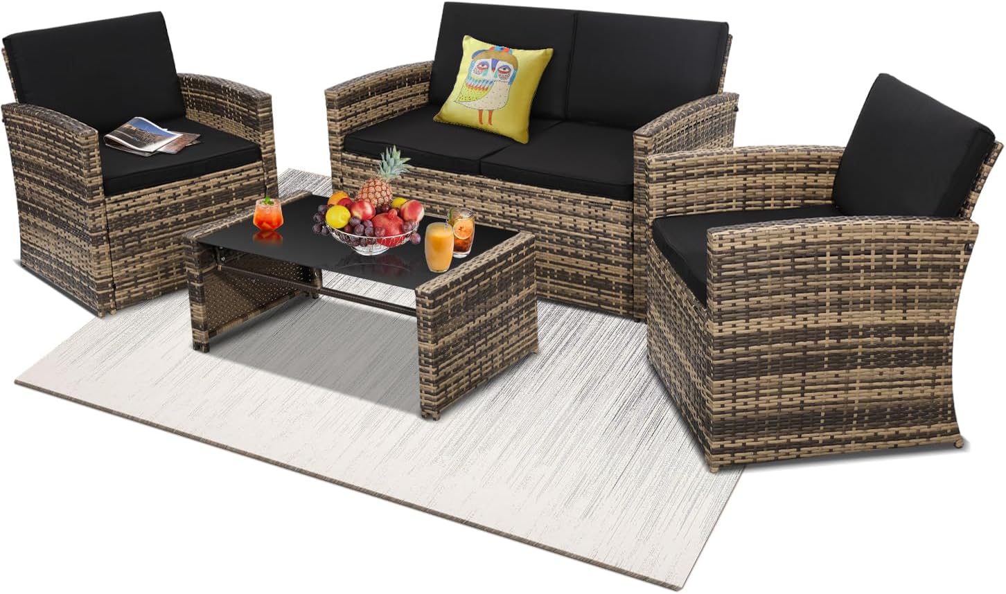 KROFEM 4-Piece Patio Furniture Set, Wicker Outdoor Rattan Sectional Sofa with Cushions and Glass Table, All-Weather Outdoor Conversation Set, Ideal for Garden, Porch, Backyard, Black