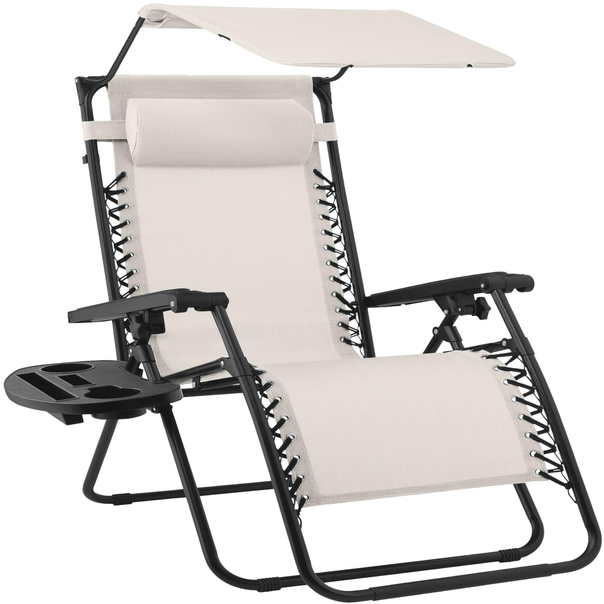 Best Choice Products Folding Zero Gravity Outdoor Recliner Patio Lounge Chair w/Adjustable Canopy Shade, Headrest, Side Accessory Tray, Textilene Mesh - Beige