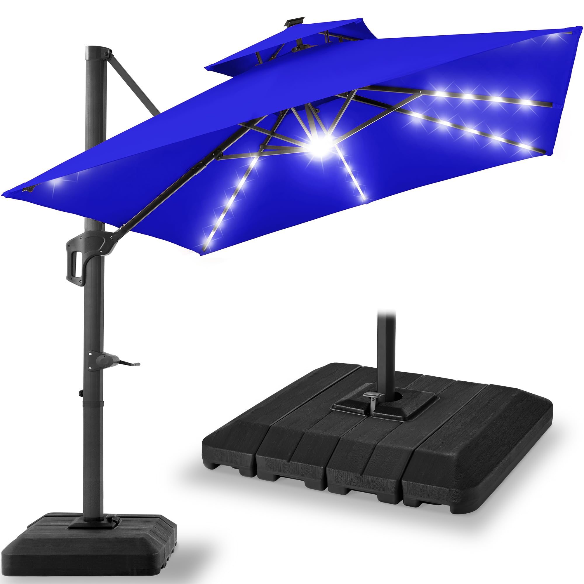 Best Choice Products 10x10ft Cantilever Patio Umbrella w/Base Included, Solar LED Lights 360 Rotation Large Offset Hanging Outdoor Shade for Deck Pool Backyard w/Stand – Tan