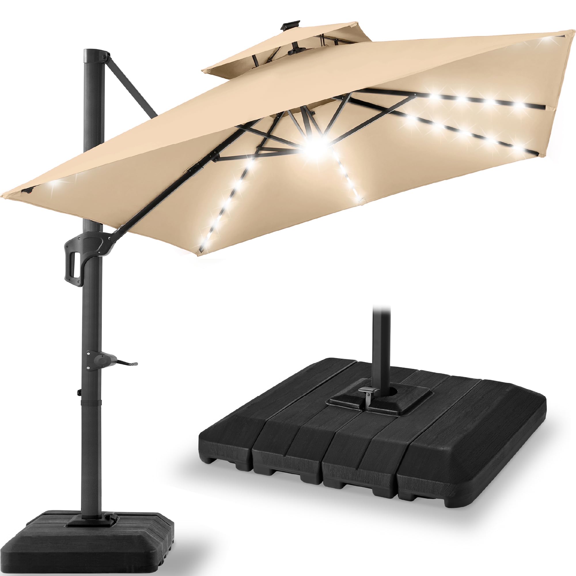 Best Choice Products 10x10ft Cantilever Patio Umbrella w/Base Included, Solar LED Lights 360 Rotation Large Offset Hanging Outdoor Shade for Deck Pool Backyard w/Stand – Tan