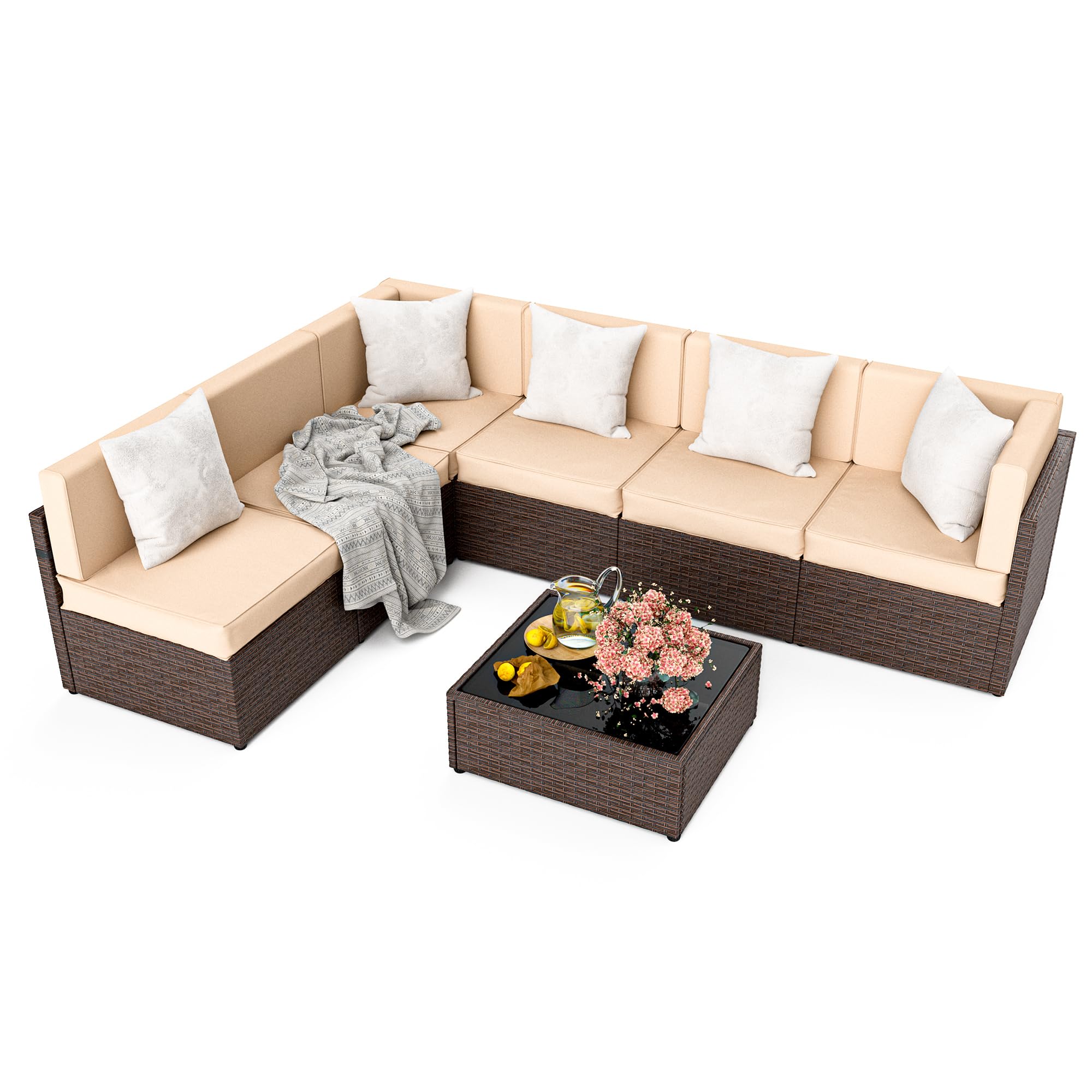 Pamapic 7-Piece Outdoor Sectional Furniture Set, All-Weather Wicker Patio Sofa with Washable Cushions, Gray Waterproof Rattan Conversation Set for Backyard, Poolside, Garden (Gray Cushions)
