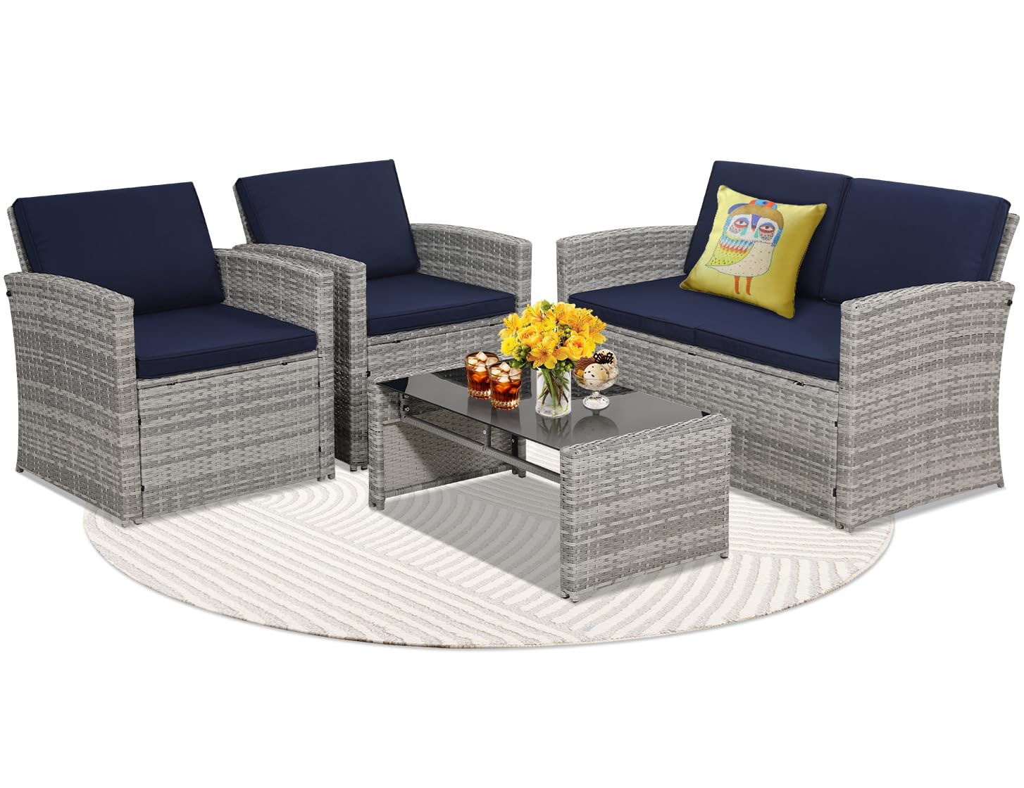 KROFEM 4-Piece Patio Furniture Set, Wicker Outdoor Rattan Sectional Sofa with Cushions and Glass Table, All-Weather Outdoor Conversation Set, Ideal for Garden, Porch, Backyard, Black