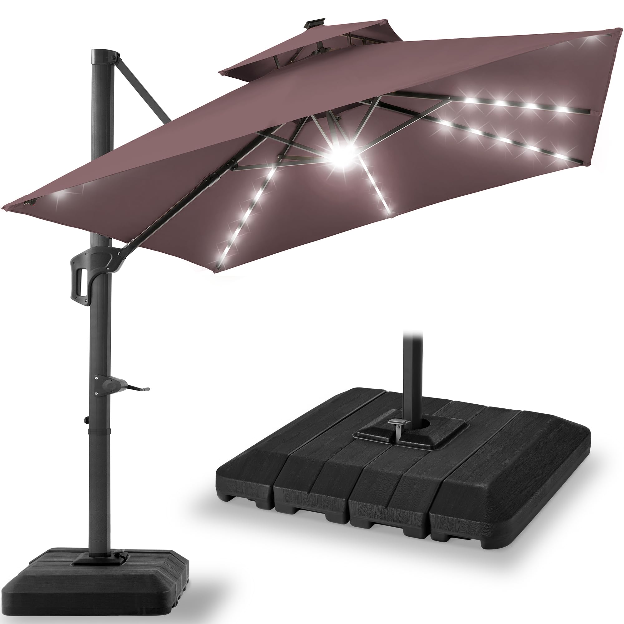 Best Choice Products 10x10ft Cantilever Patio Umbrella w/Base Included, Solar LED Lights 360 Rotation Large Offset Hanging Outdoor Shade for Deck Pool Backyard w/Stand – Tan