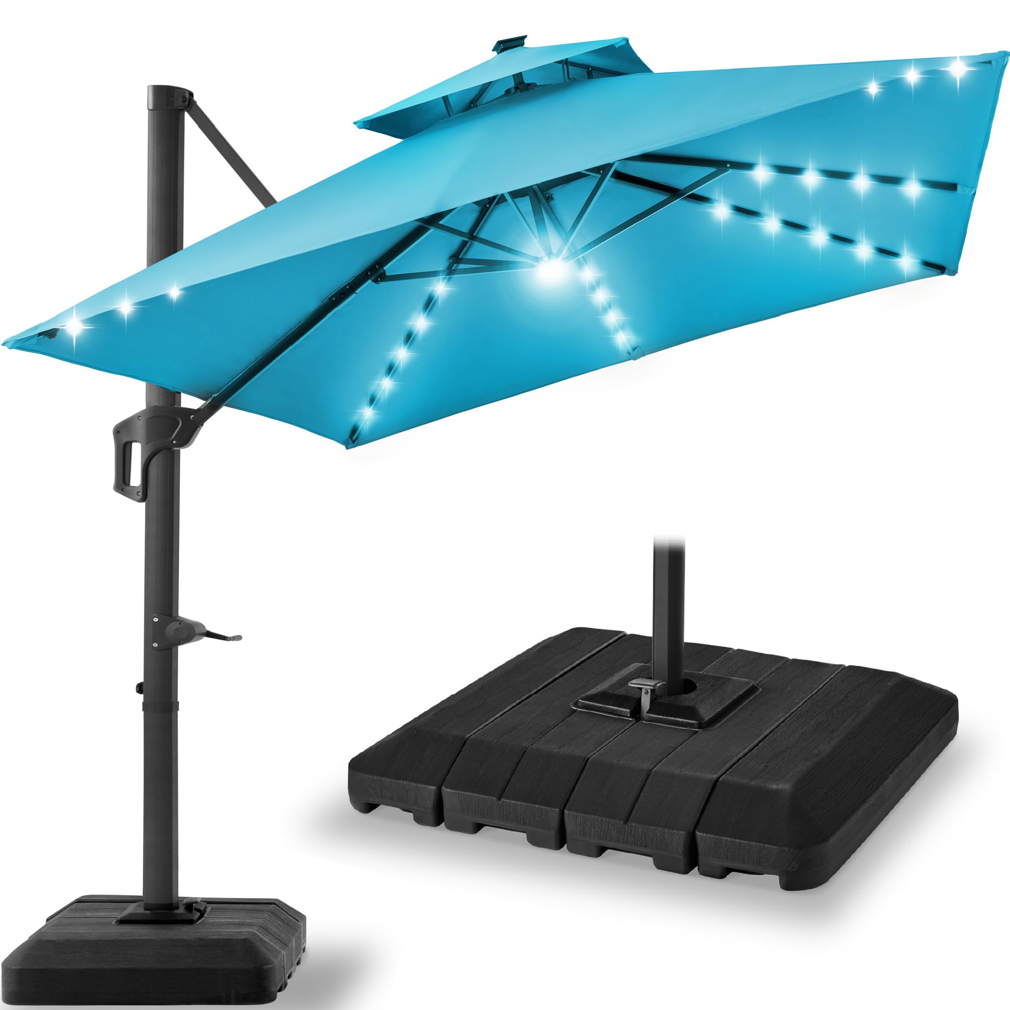 Best Choice Products 10x10ft Cantilever Patio Umbrella w/Base Included, Solar LED Lights 360 Rotation Large Offset Hanging Outdoor Shade for Deck Pool Backyard w/Stand – Tan