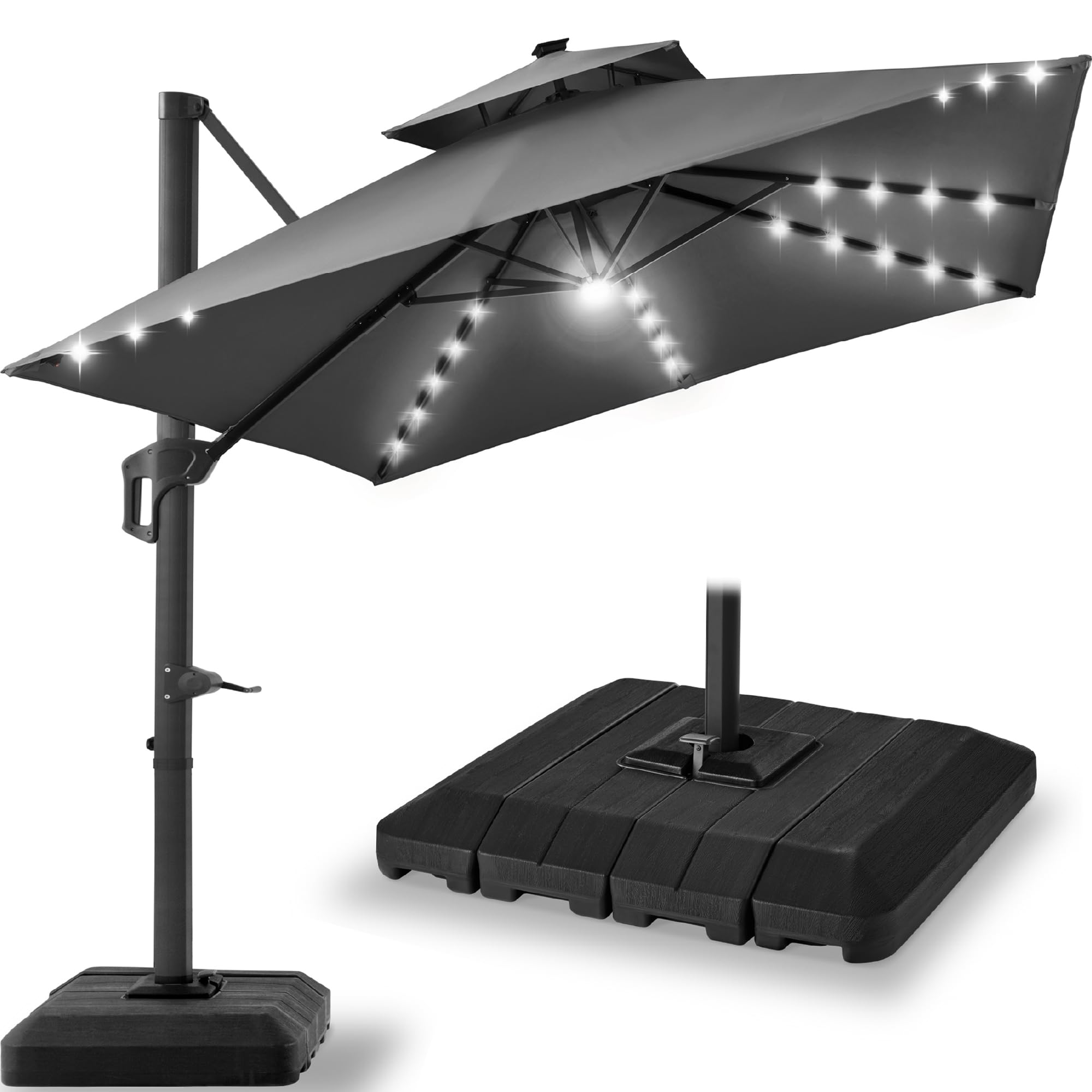 Best Choice Products 10x10ft Cantilever Patio Umbrella w/Base Included, Solar LED Lights 360 Rotation Large Offset Hanging Outdoor Shade for Deck Pool Backyard w/Stand – Tan