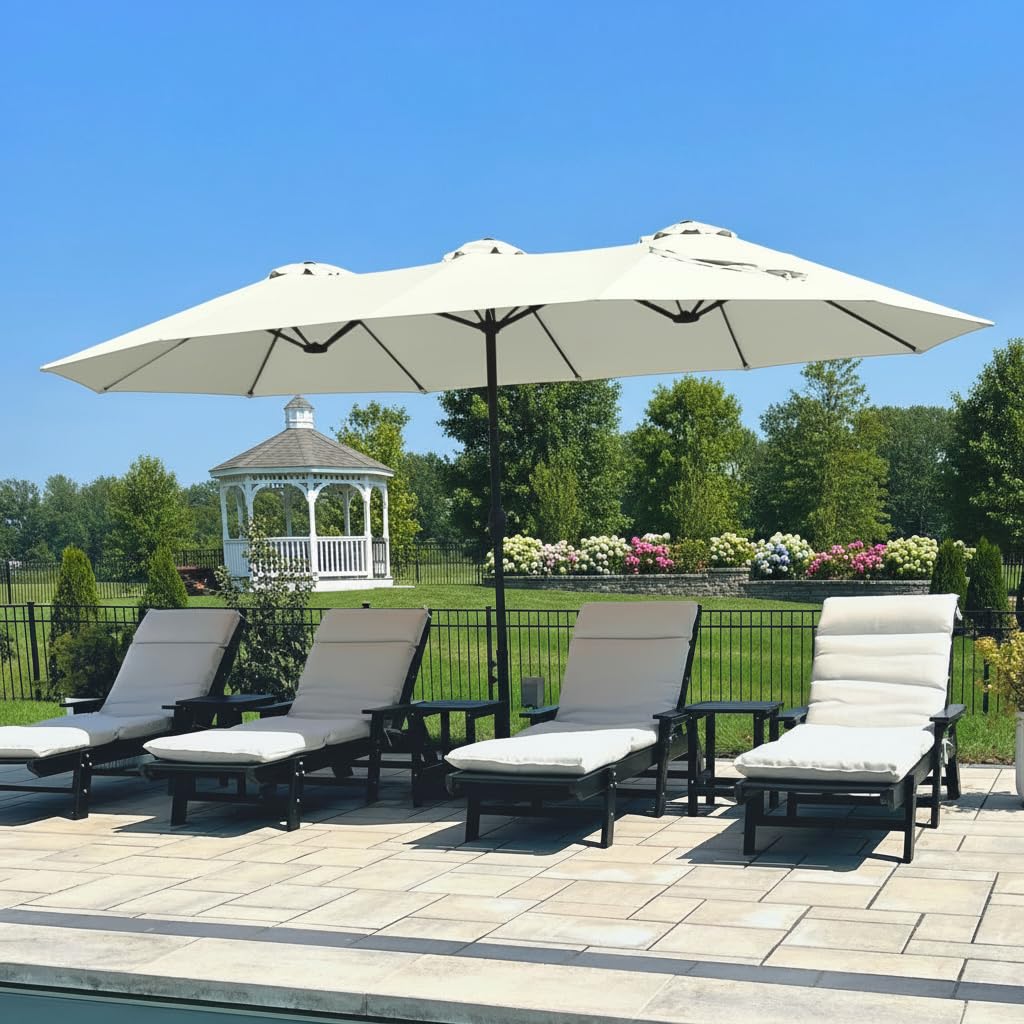 PHI VILLA 15ft Large Patio Umbrellas with Base Included, Outdoor Double-Sided Rectangle Big Market Umbrella with Stand, Outside Umbrellas for Poolside Lawn Backyard, Beige
