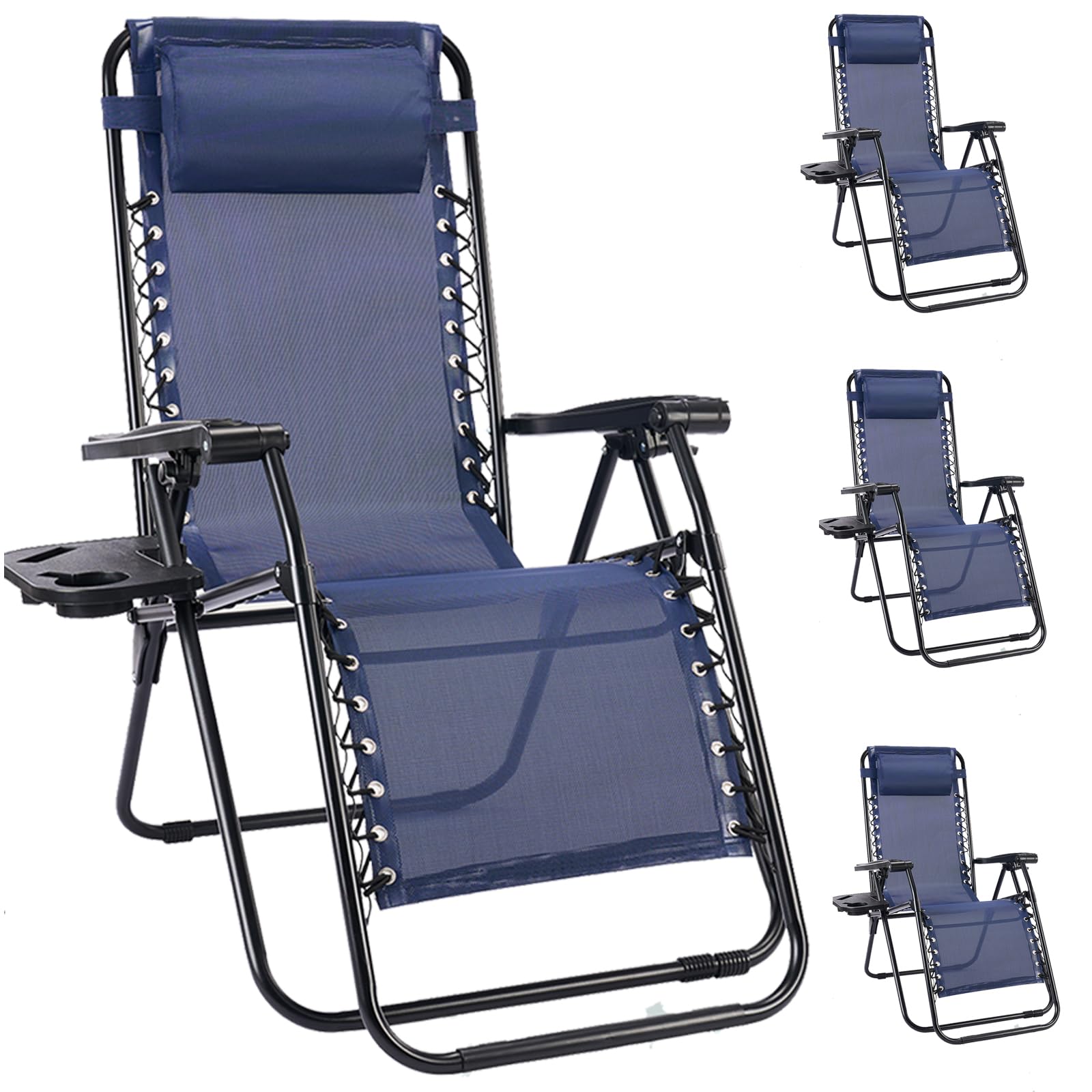 NEWBULIG Zero Gravity Chair Set of 2, Lounge Chair Folding Portable Adjustable Camping Reclining Chairs with Adjustable Pollow, Mesh Back, Cup Holder Trays Lawn Patio Chair for Pool Beach - Blue