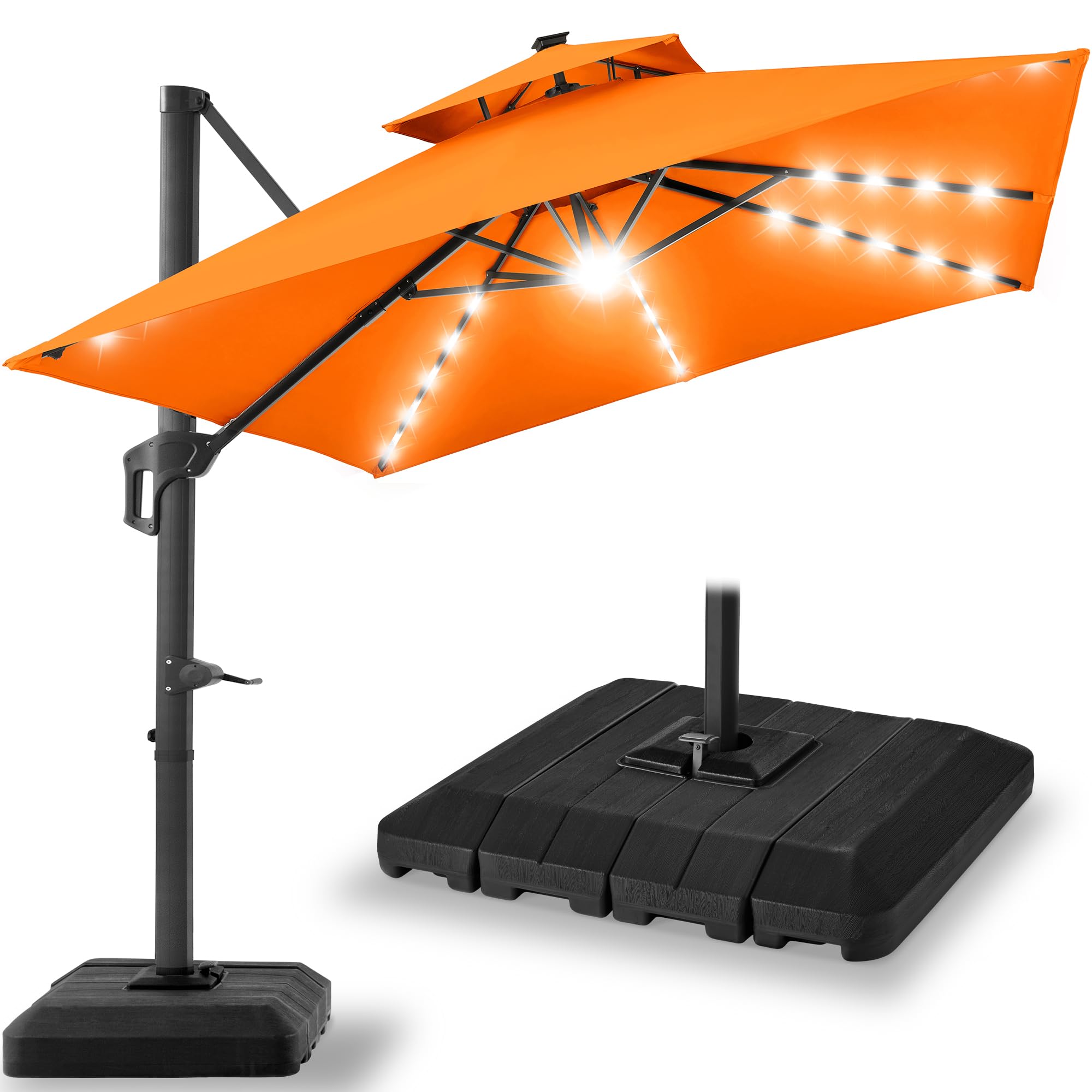 Best Choice Products 10x10ft Cantilever Patio Umbrella w/Base Included, Solar LED Lights 360 Rotation Large Offset Hanging Outdoor Shade for Deck Pool Backyard w/Stand – Tan