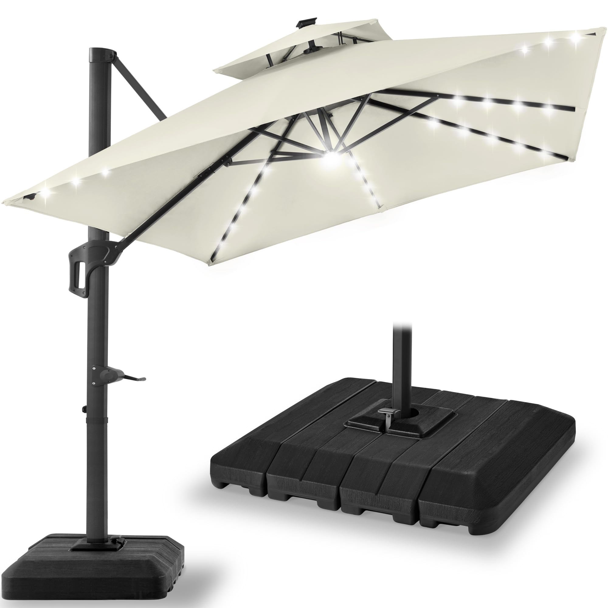 Best Choice Products 10x10ft Cantilever Patio Umbrella w/Base Included, Solar LED Lights 360 Rotation Large Offset Hanging Outdoor Shade for Deck Pool Backyard w/Stand – Tan