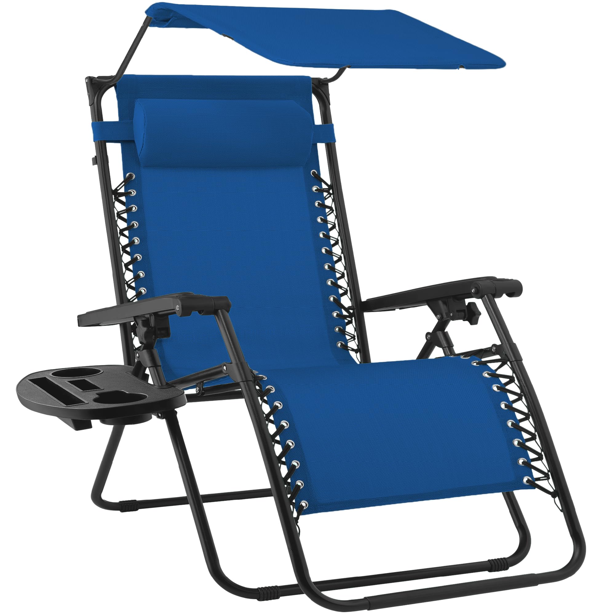 Best Choice Products Folding Zero Gravity Outdoor Recliner Patio Lounge Chair w/Adjustable Canopy Shade, Headrest, Side Accessory Tray, Textilene Mesh - Beige