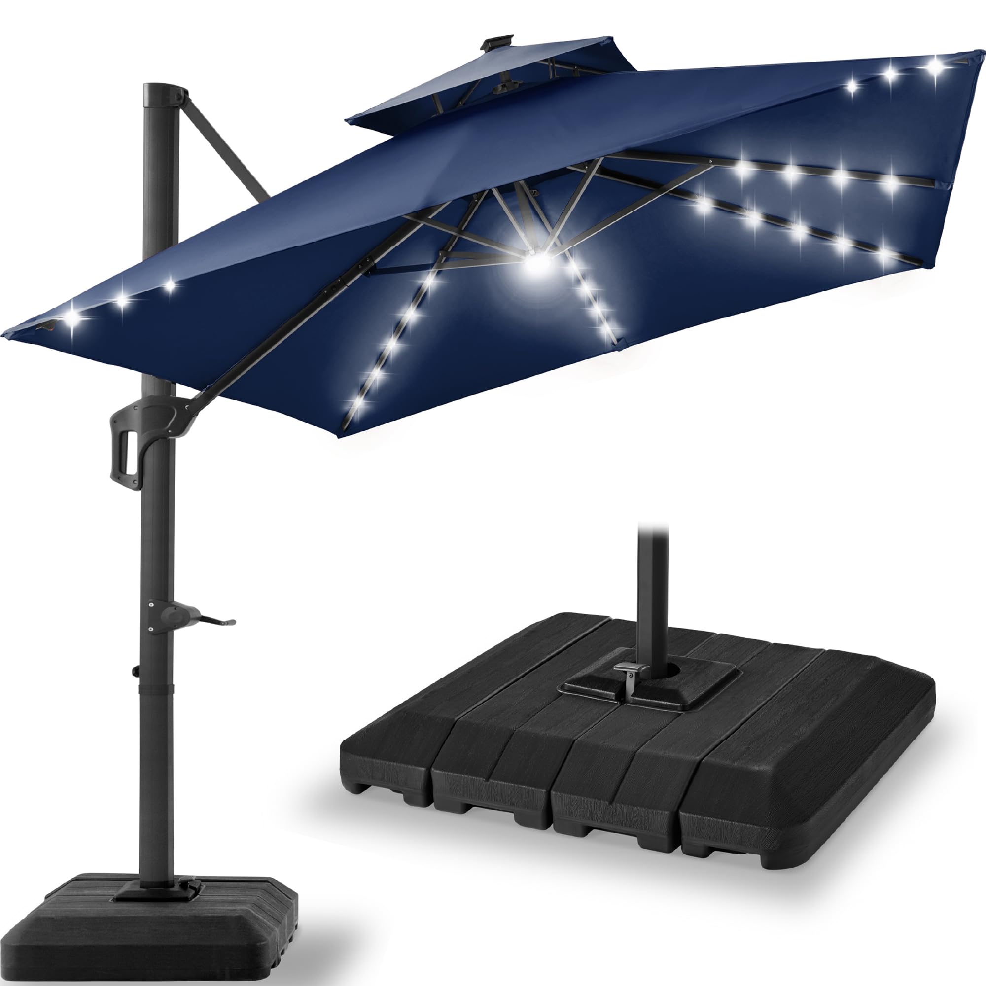 Best Choice Products 10x10ft Cantilever Patio Umbrella w/Base Included, Solar LED Lights 360 Rotation Large Offset Hanging Outdoor Shade for Deck Pool Backyard w/Stand – Tan
