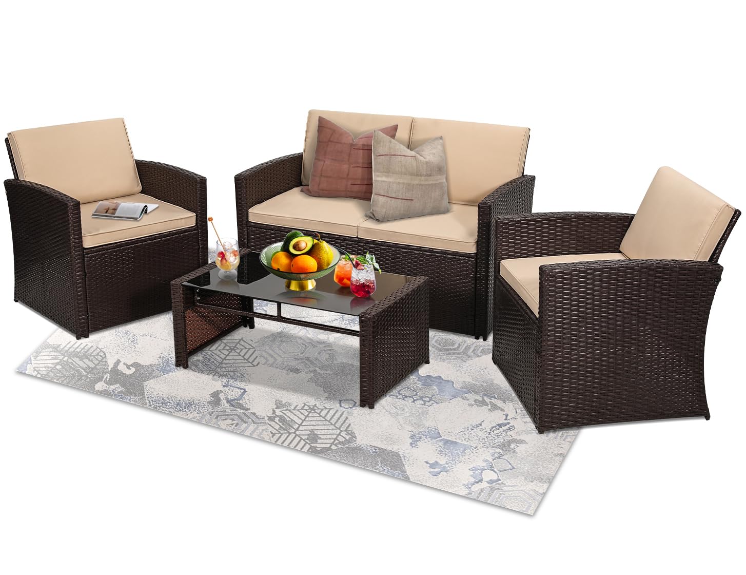 KROFEM 4-Piece Patio Furniture Set, Wicker Outdoor Rattan Sectional Sofa with Cushions and Glass Table, All-Weather Outdoor Conversation Set, Ideal for Garden, Porch, Backyard, Black