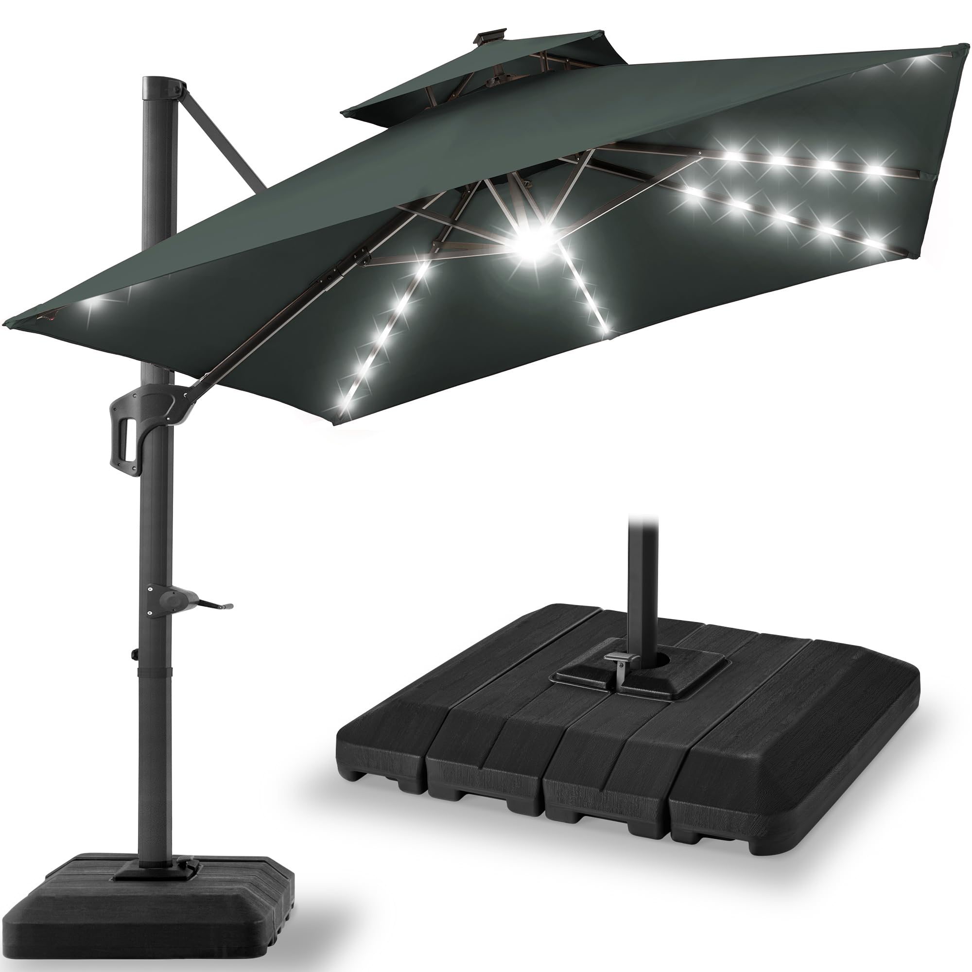 Best Choice Products 10x10ft Cantilever Patio Umbrella w/Base Included, Solar LED Lights 360 Rotation Large Offset Hanging Outdoor Shade for Deck Pool Backyard w/Stand – Tan