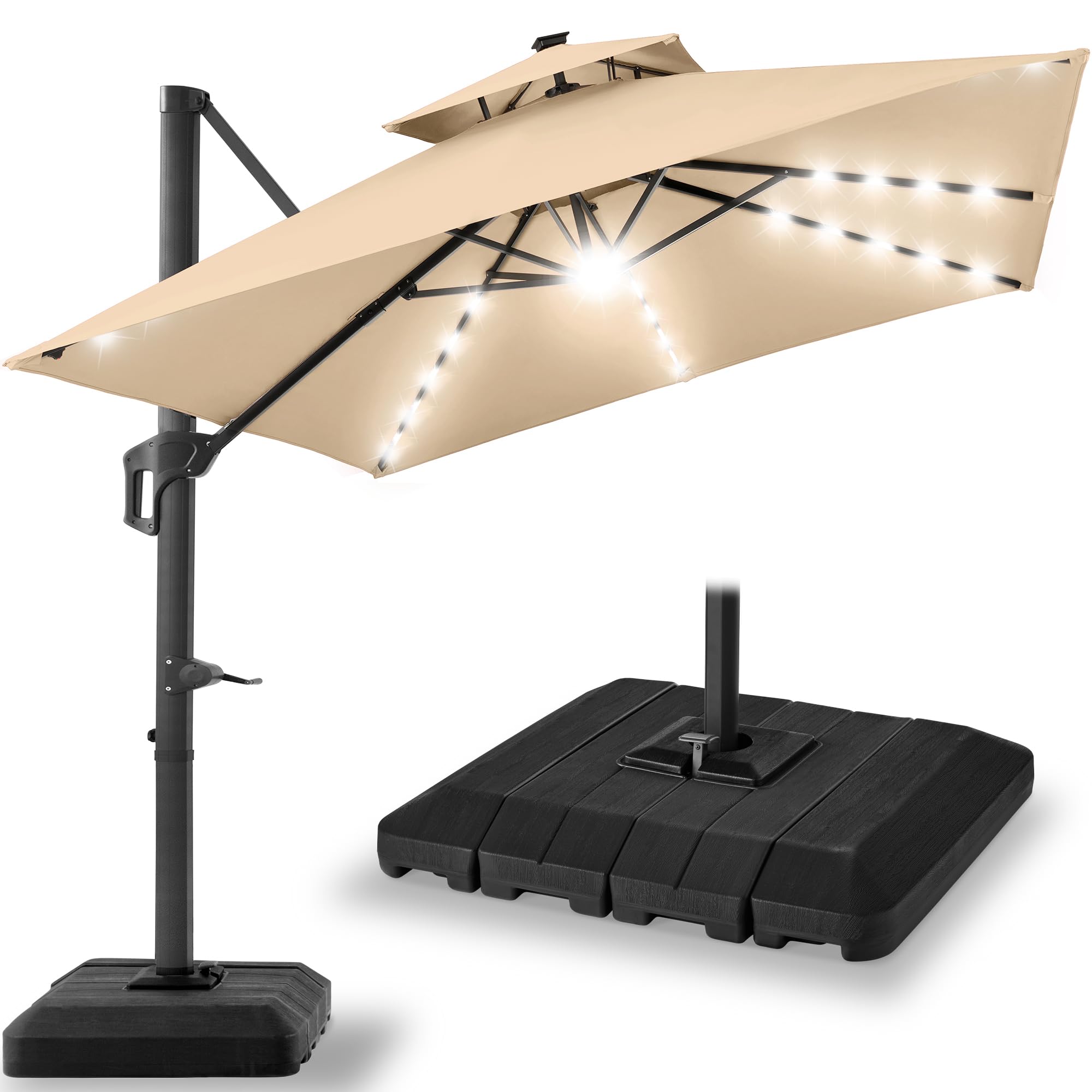 Best Choice Products 10x10ft Cantilever Patio Umbrella w/Base Included, Solar LED Lights 360 Rotation Large Offset Hanging Outdoor Shade for Deck Pool Backyard w/Stand – Tan
