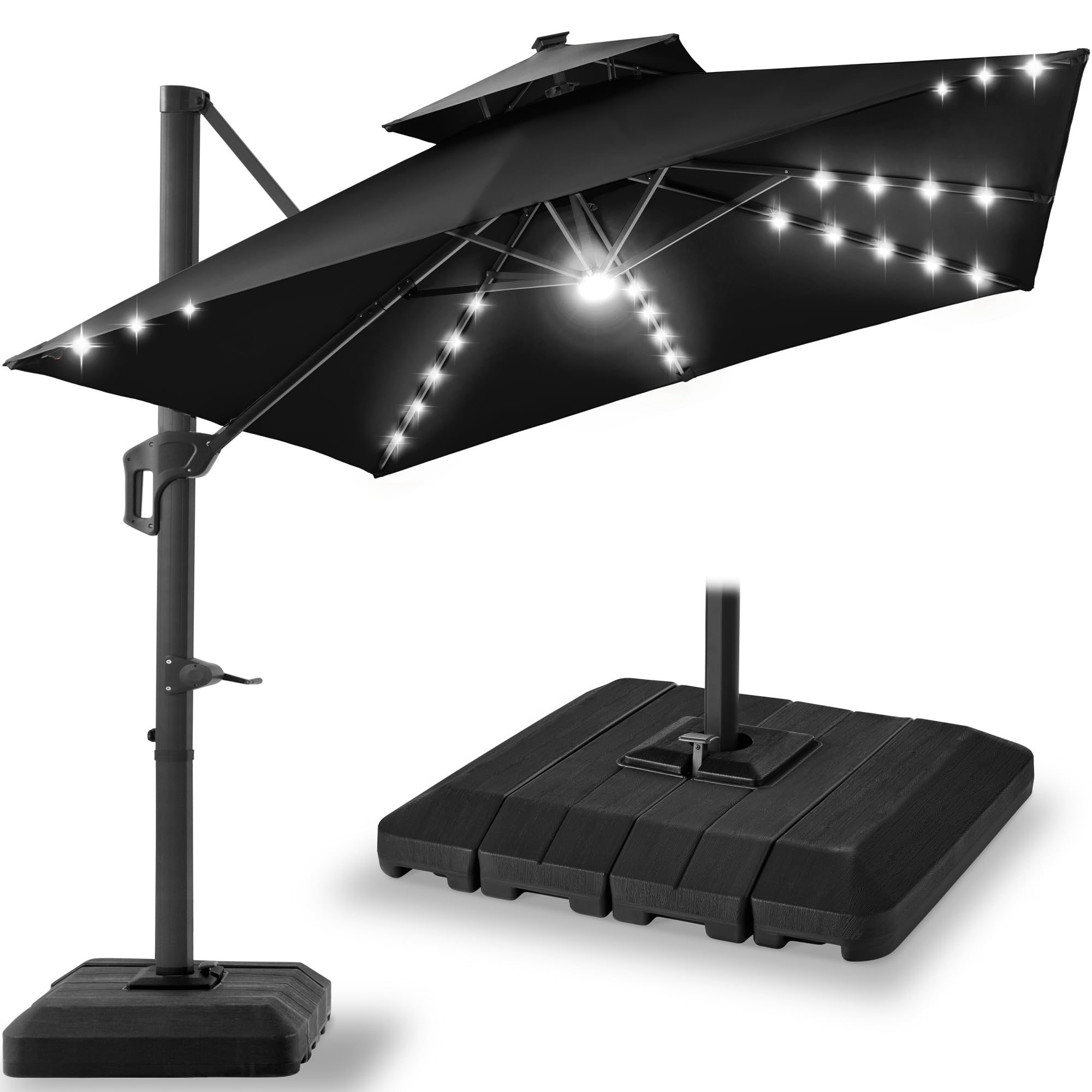 Best Choice Products 10x10ft Cantilever Patio Umbrella w/Base Included, Solar LED Lights 360 Rotation Large Offset Hanging Outdoor Shade for Deck Pool Backyard w/Stand – Tan