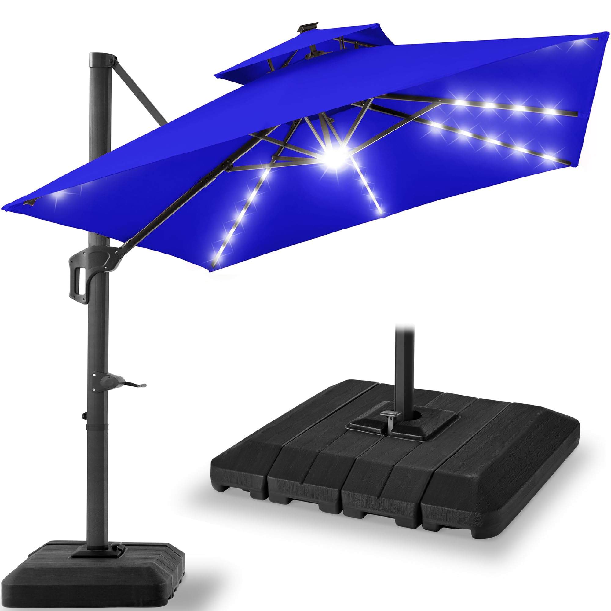 Best Choice Products 10x10ft Cantilever Patio Umbrella w/Base Included, Solar LED Lights 360 Rotation Large Offset Hanging Outdoor Shade for Deck Pool Backyard w/Stand – Tan