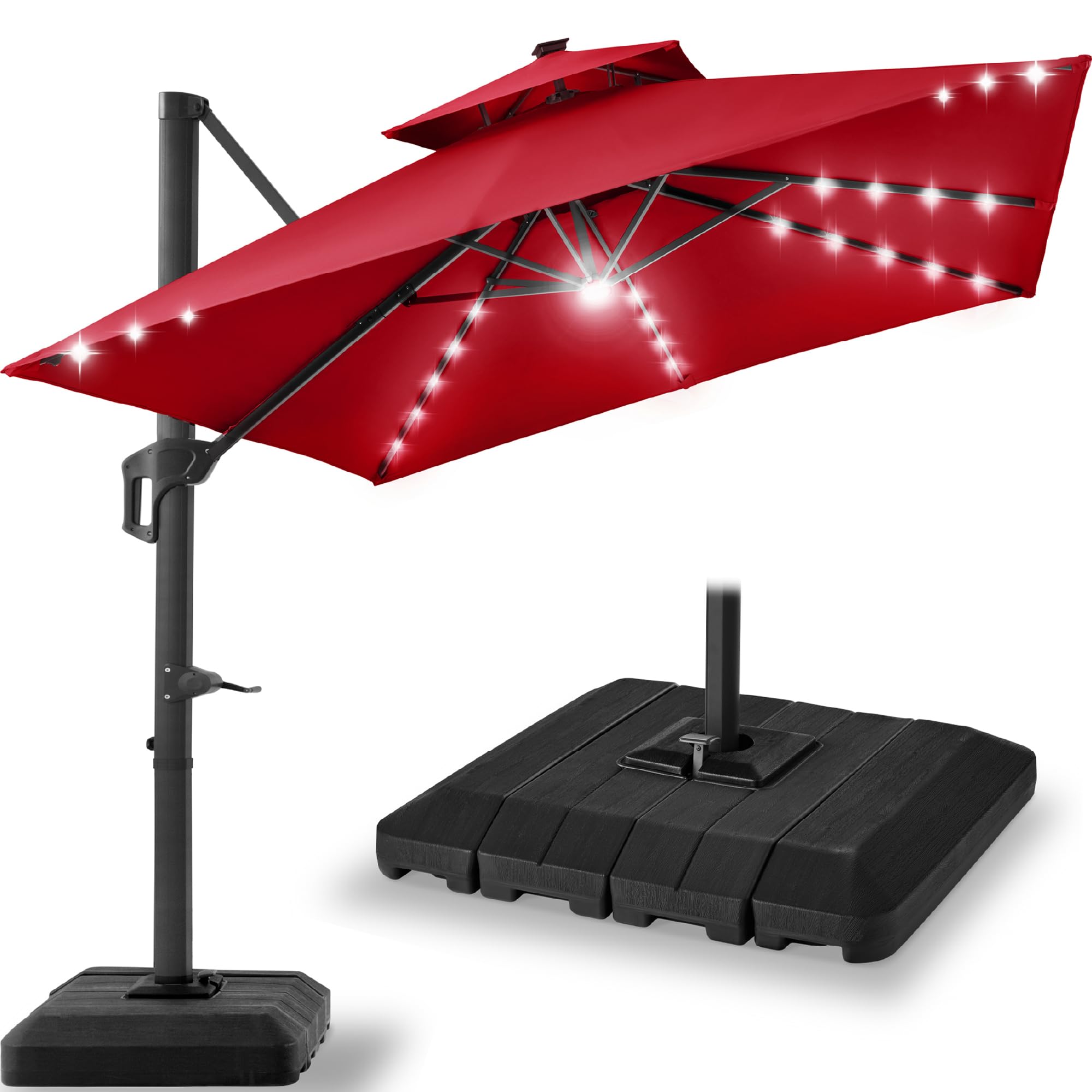Best Choice Products 10x10ft Cantilever Patio Umbrella w/Base Included, Solar LED Lights 360 Rotation Large Offset Hanging Outdoor Shade for Deck Pool Backyard w/Stand – Tan