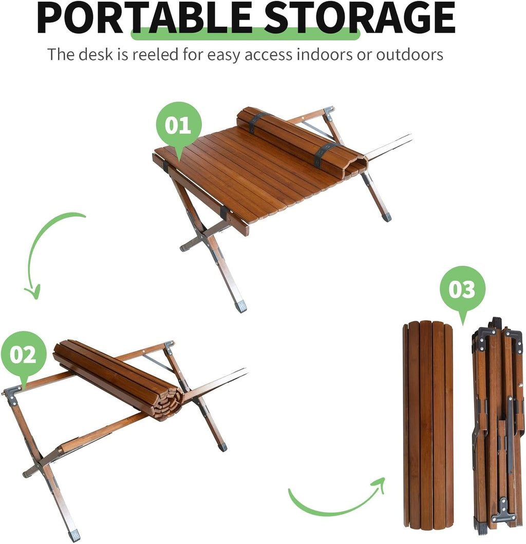 UNICOO –Bamboo Roll Up Picnic Table, Portable Camping Table W/Carry Bag, Low Height Foldable BBQ Top for Indoor & Outdoor Party, BBQ and Hiking (3 FT, Antique Brown)