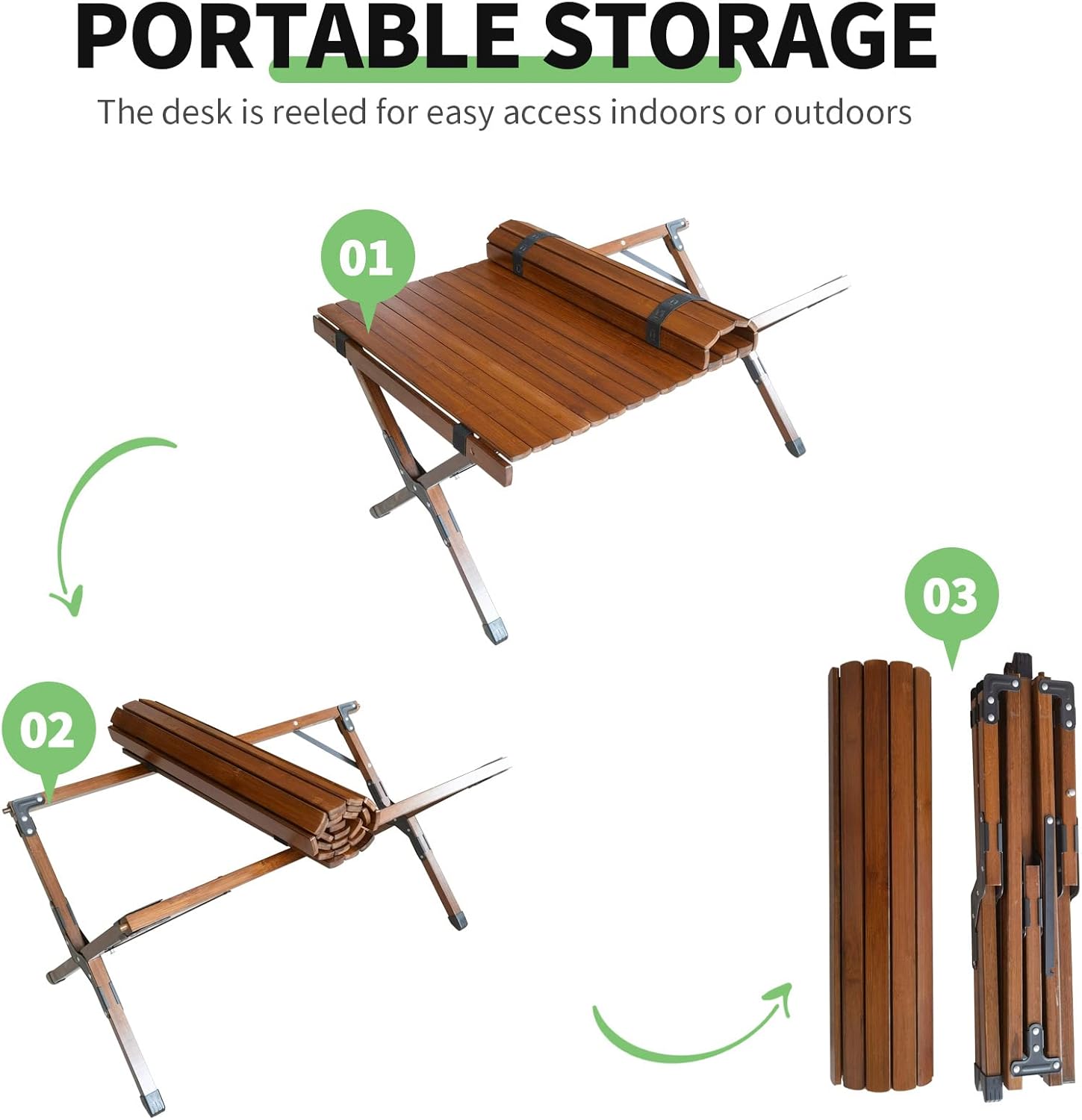 UNICOO –Bamboo Roll Up Picnic Table, Portable Camping Table W/Carry Bag, Low Height Foldable BBQ Top for Indoor & Outdoor Party, BBQ and Hiking (3 FT, Antique Brown)