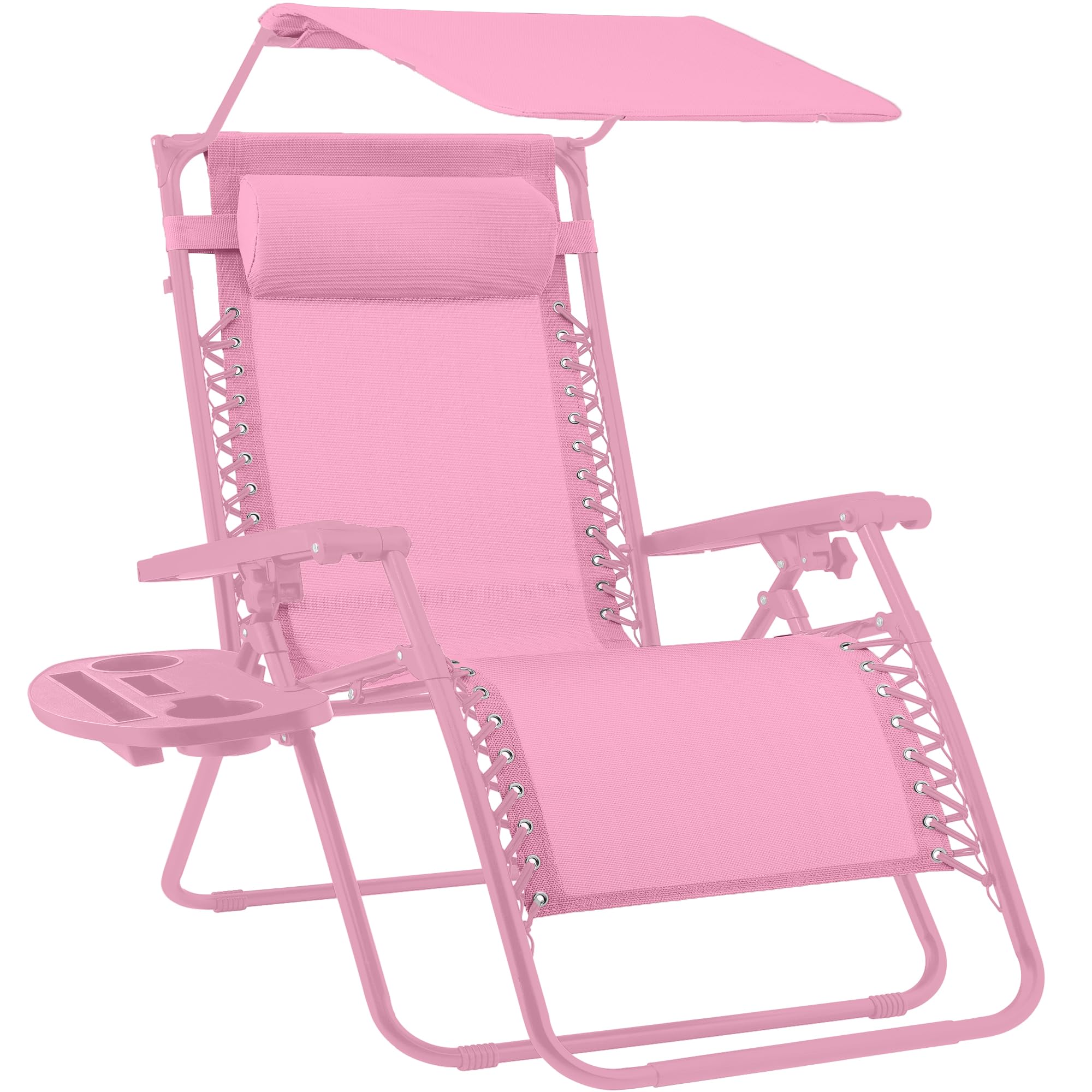 Best Choice Products Folding Zero Gravity Outdoor Recliner Patio Lounge Chair w/Adjustable Canopy Shade, Headrest, Side Accessory Tray, Textilene Mesh - Beige