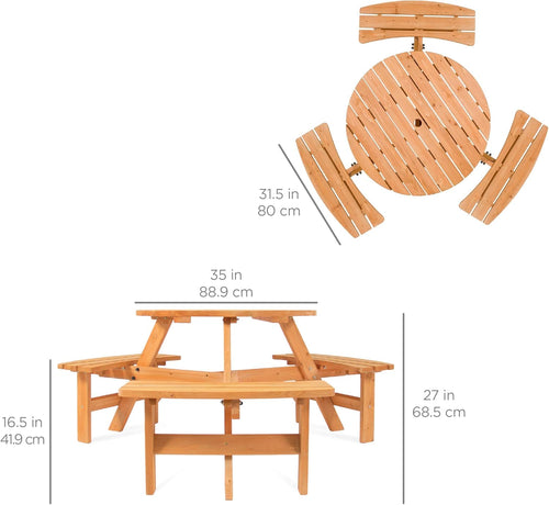 Best Choice Products 6-Person Circular Outdoor Wooden Picnic Table for Patio, Backyard, Garden, DIY w/ 3 Built-in Benches, 500lb Capacity - Natural