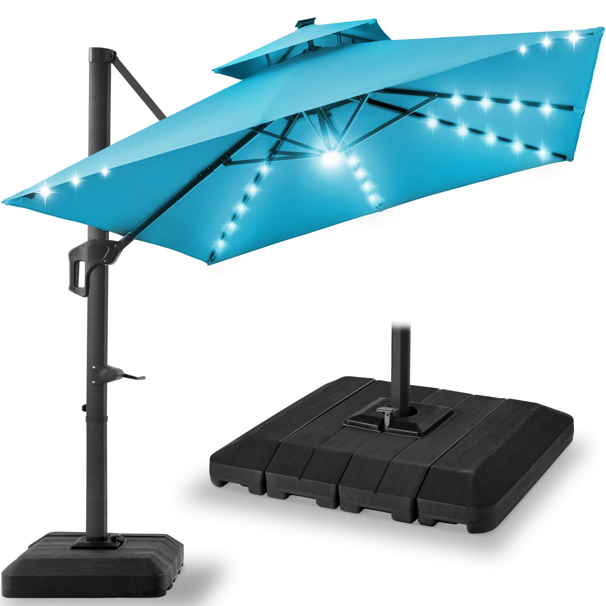 Best Choice Products 10x10ft Cantilever Patio Umbrella w/Base Included, Solar LED Lights 360 Rotation Large Offset Hanging Outdoor Shade for Deck Pool Backyard w/Stand – Tan