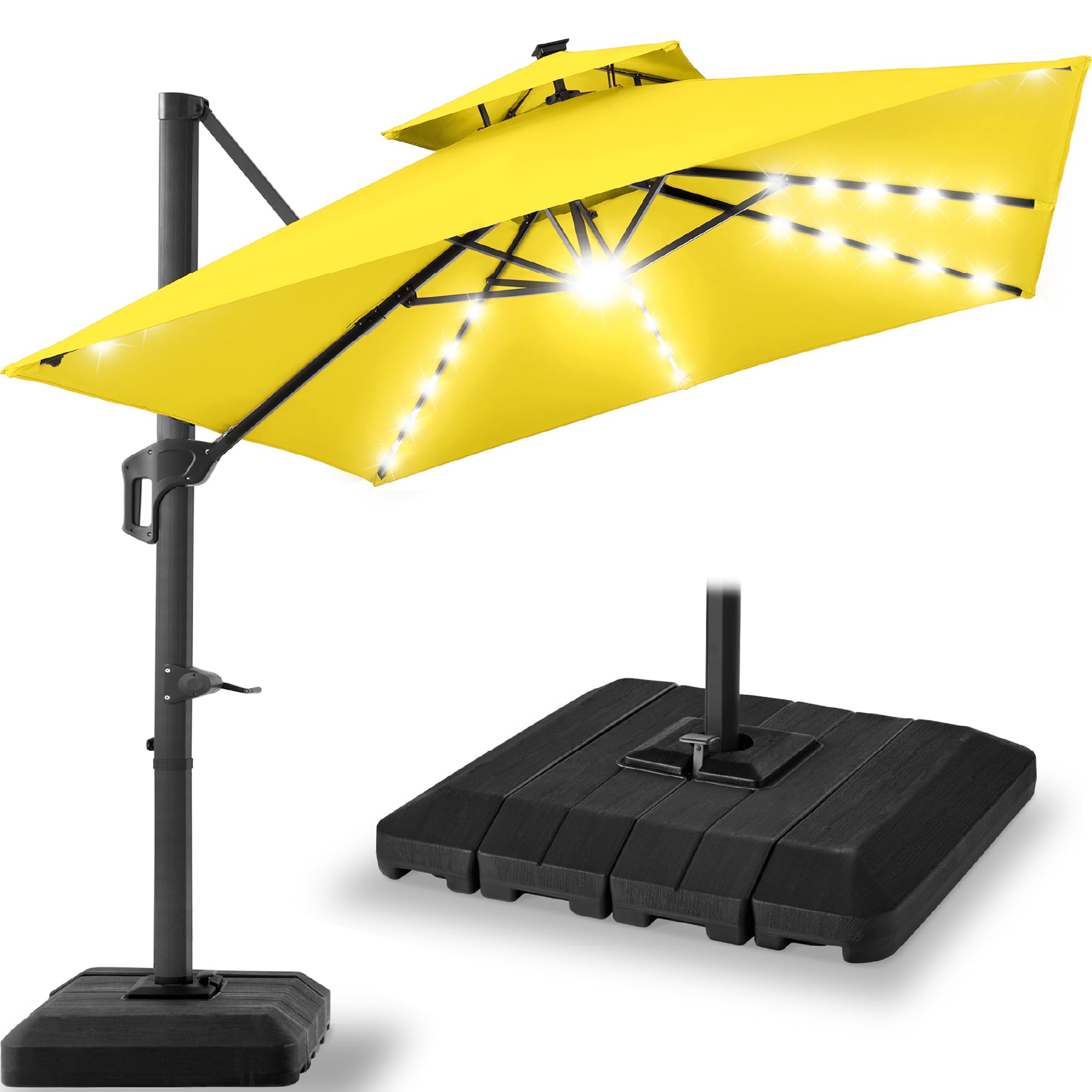 Best Choice Products 10x10ft Cantilever Patio Umbrella w/Base Included, Solar LED Lights 360 Rotation Large Offset Hanging Outdoor Shade for Deck Pool Backyard w/Stand – Tan