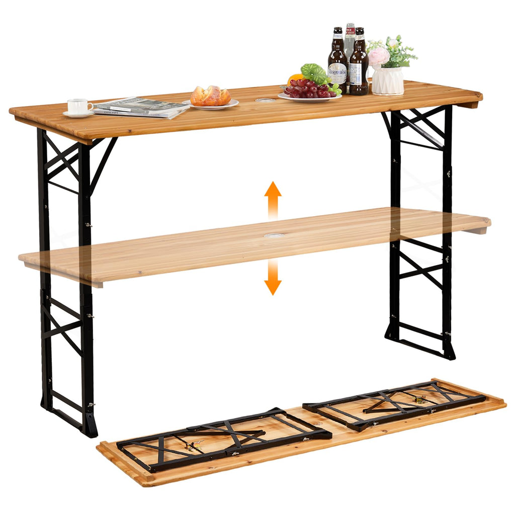 VINGLI 67 Inch Wooden Folding Picnic Table, Picnic Beer Table with Umbrella Hole, Adjustable Heights (29.5" Sitting & 41.5" Standing) – Perfect for Picnics, BBQs, Parties, Bars, and Camping