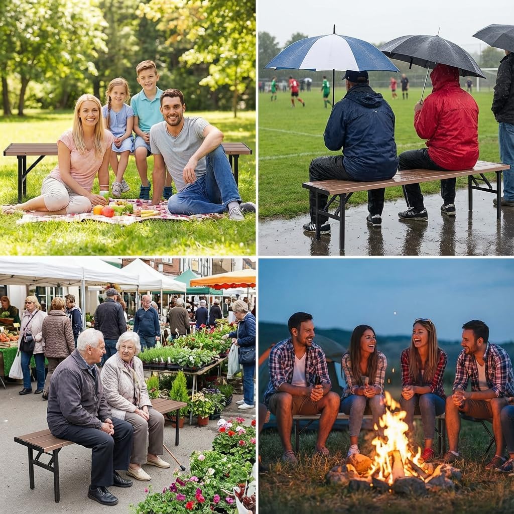 Collapsible Portable Picnic Table Benches, Folding Benches Seat for Outside Seating, Soccer, Sports Team Bench, Beach, Sideline, Camping, Foldable Bench Iron Tubes, Brown-71.06"