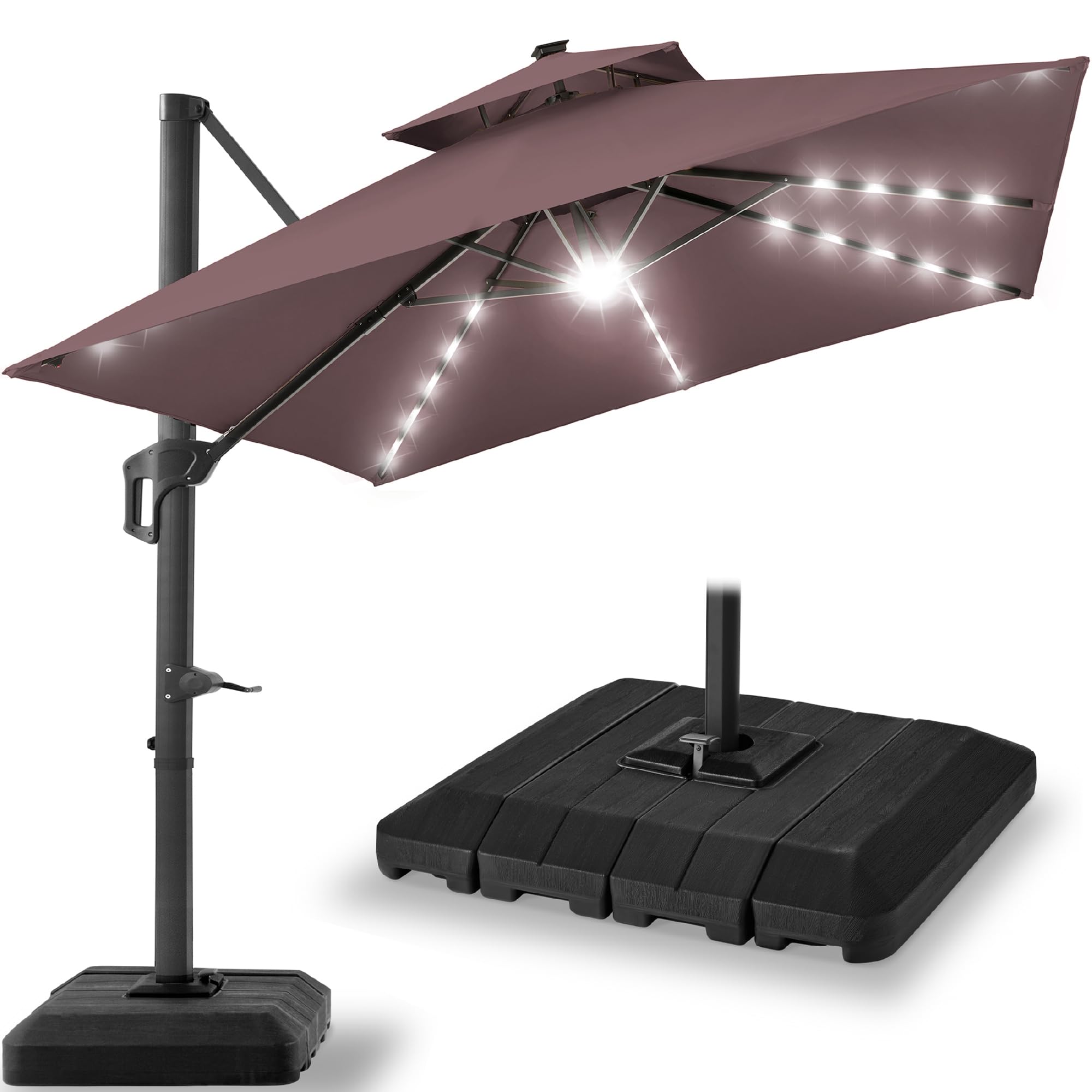 Best Choice Products 10x10ft Cantilever Patio Umbrella w/Base Included, Solar LED Lights 360 Rotation Large Offset Hanging Outdoor Shade for Deck Pool Backyard w/Stand – Tan
