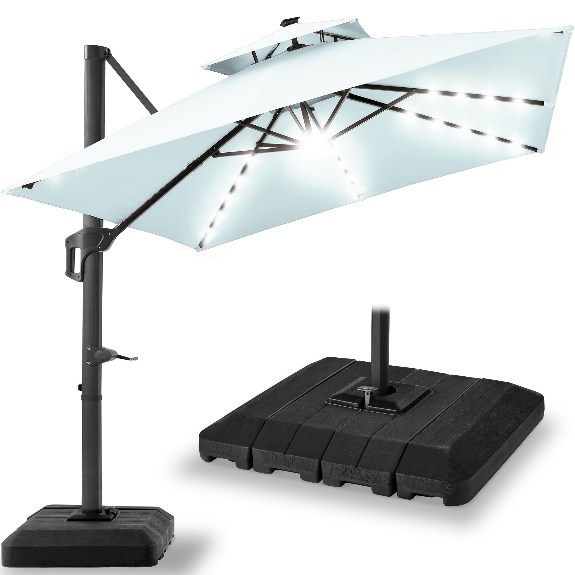Best Choice Products 10x10ft Cantilever Patio Umbrella w/Base Included, Solar LED Lights 360 Rotation Large Offset Hanging Outdoor Shade for Deck Pool Backyard w/Stand – Tan