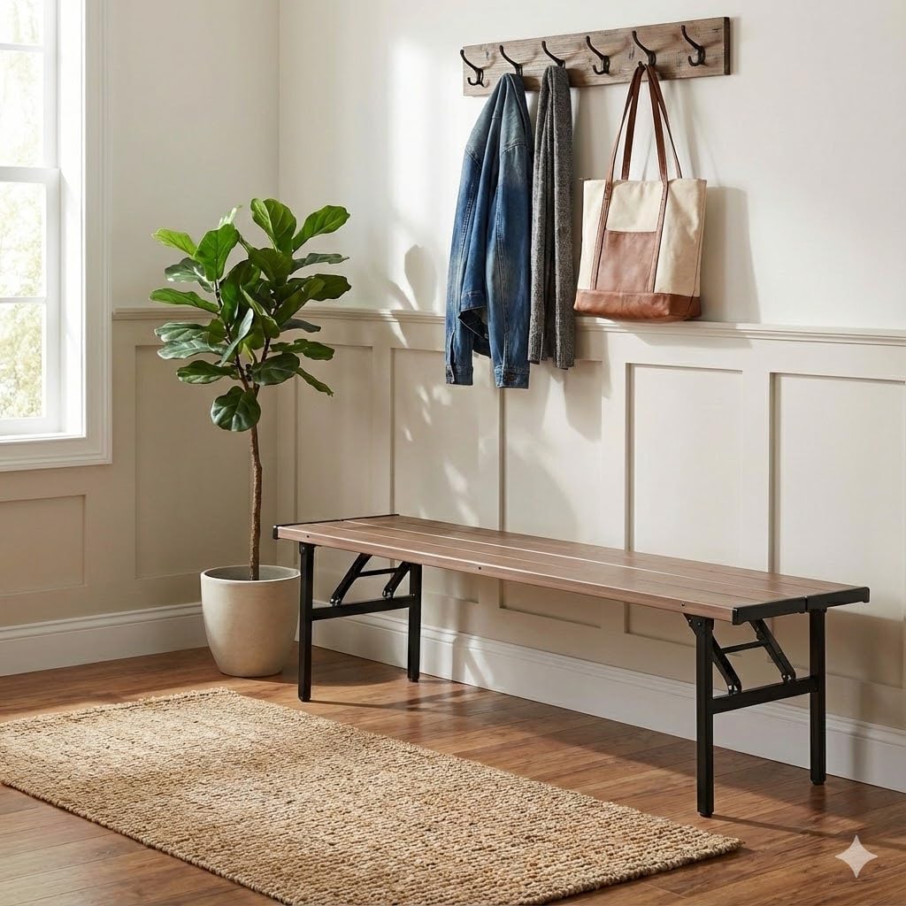 Collapsible Portable Picnic Table Benches, Folding Benches Seat for Outside Seating, Soccer, Sports Team Bench, Beach, Sideline, Camping, Foldable Bench Iron Tubes, Brown-71.06"