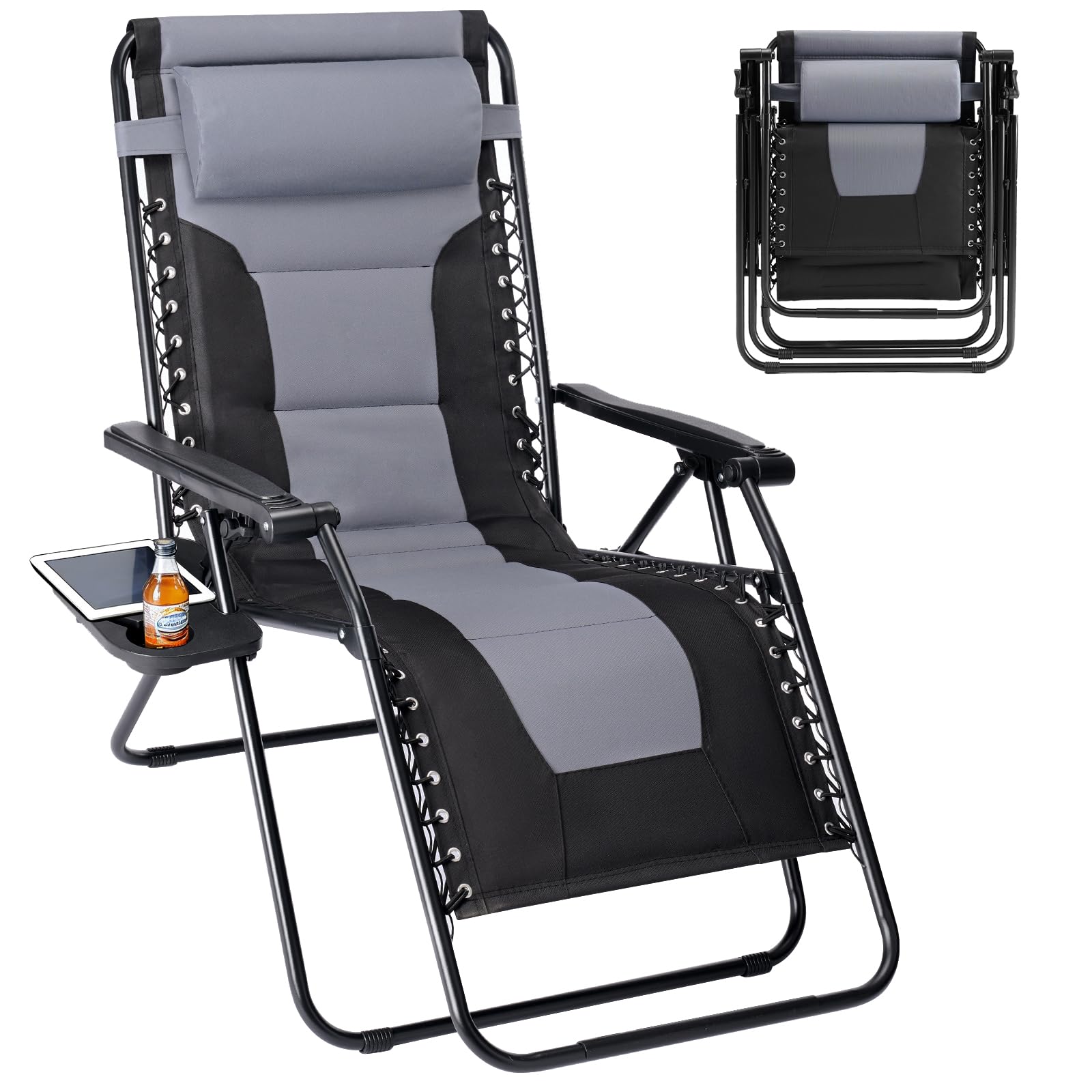 Sweetcrispy Zero Gravity Chairs, Set of 2 Portable Recliner Beach Camping Patio Outdoor Folding Lounge Chair with Cup Holder Trays and Adjustable Pillow for Poolside, Garden, Backyard, Lawn (Black)