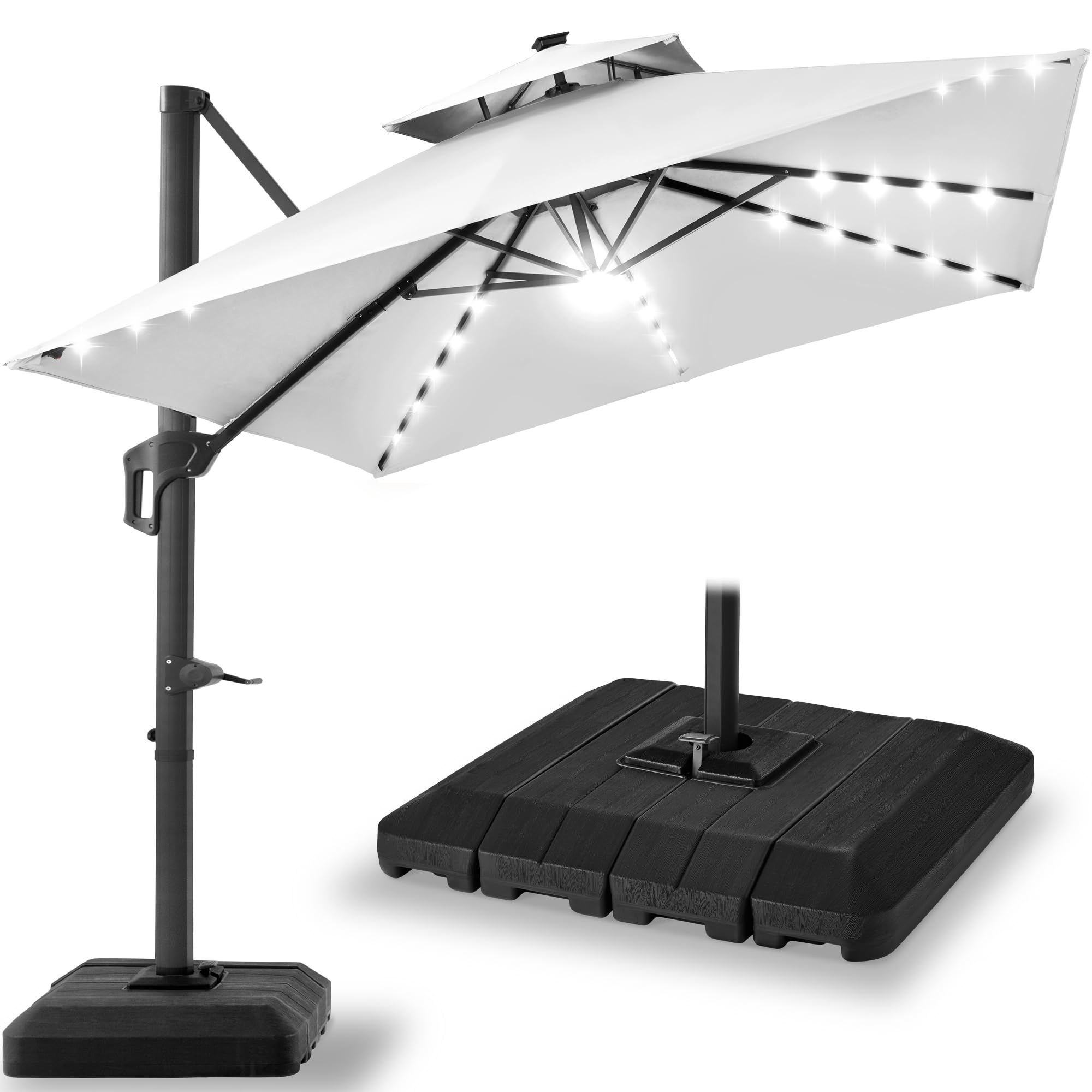 Best Choice Products 10x10ft Cantilever Patio Umbrella w/Base Included, Solar LED Lights 360 Rotation Large Offset Hanging Outdoor Shade for Deck Pool Backyard w/Stand – Tan