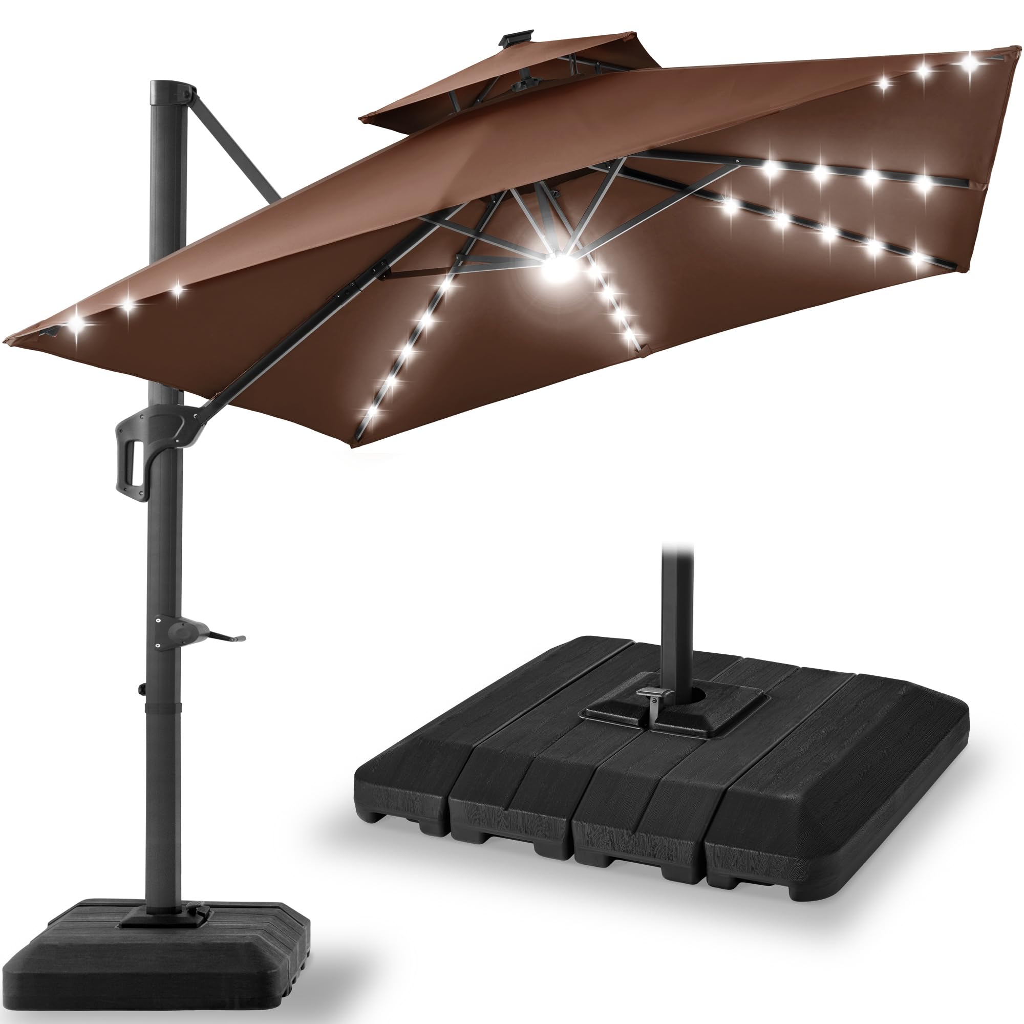 Best Choice Products 10x10ft Cantilever Patio Umbrella w/Base Included, Solar LED Lights 360 Rotation Large Offset Hanging Outdoor Shade for Deck Pool Backyard w/Stand – Tan