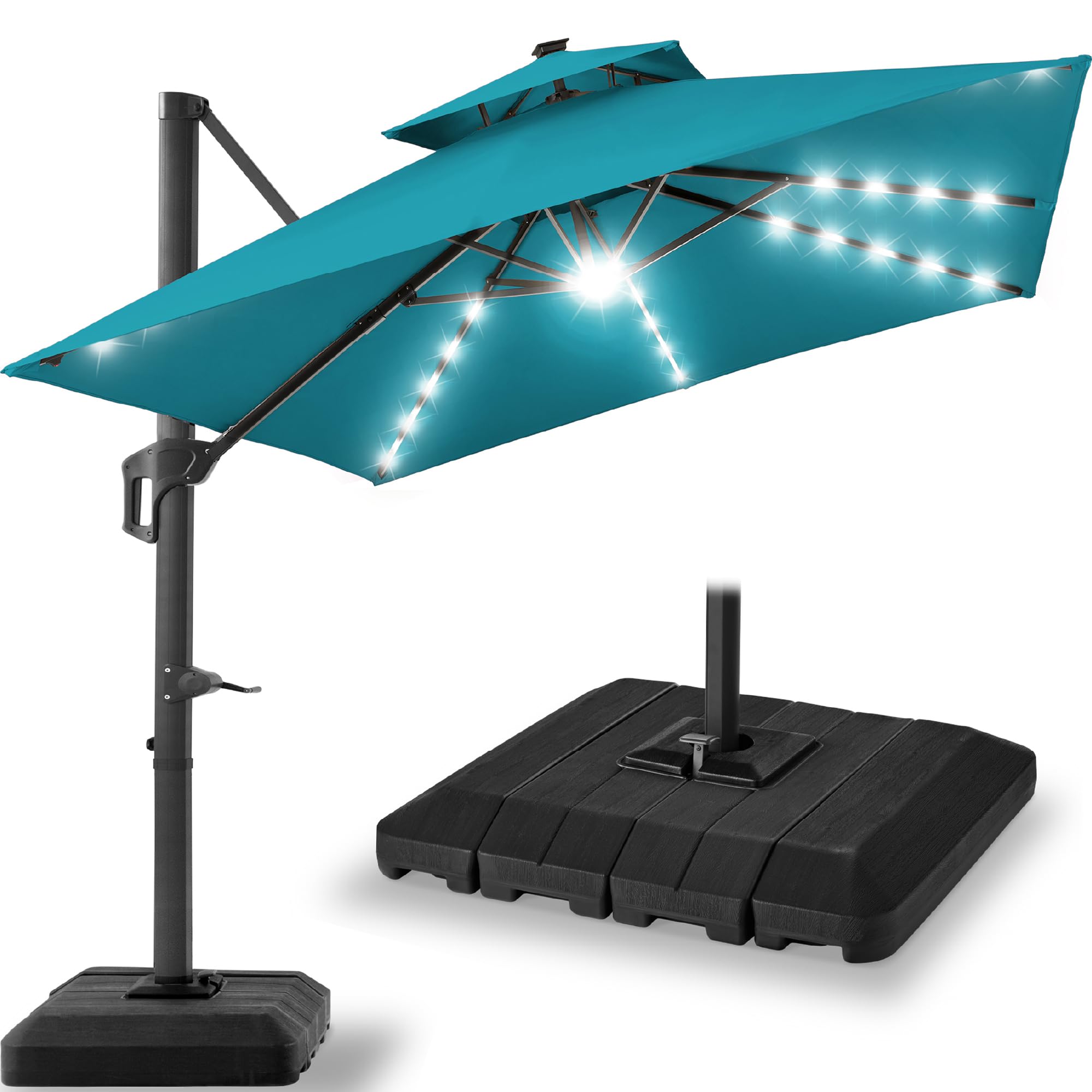 Best Choice Products 10x10ft Cantilever Patio Umbrella w/Base Included, Solar LED Lights 360 Rotation Large Offset Hanging Outdoor Shade for Deck Pool Backyard w/Stand – Tan