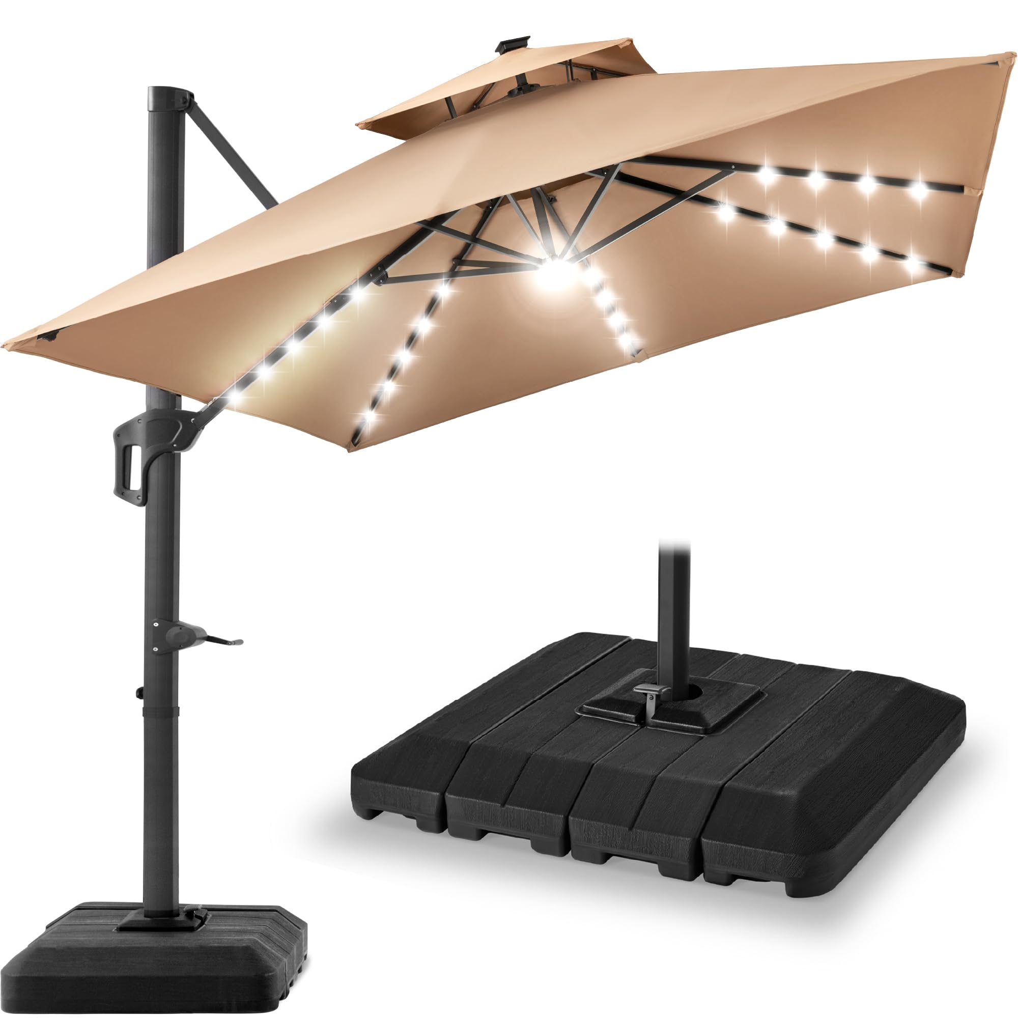 Best Choice Products 10x10ft Cantilever Patio Umbrella w/Base Included, Solar LED Lights 360 Rotation Large Offset Hanging Outdoor Shade for Deck Pool Backyard w/Stand – Tan